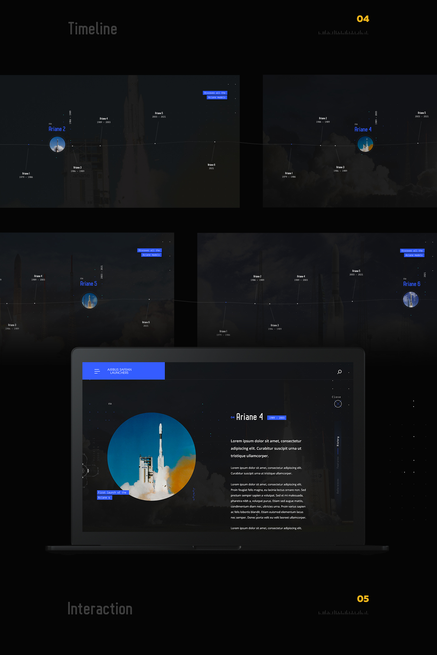 Airbus Space  UI Webdesign branding  timeline data visualization 3D Interface viens-là