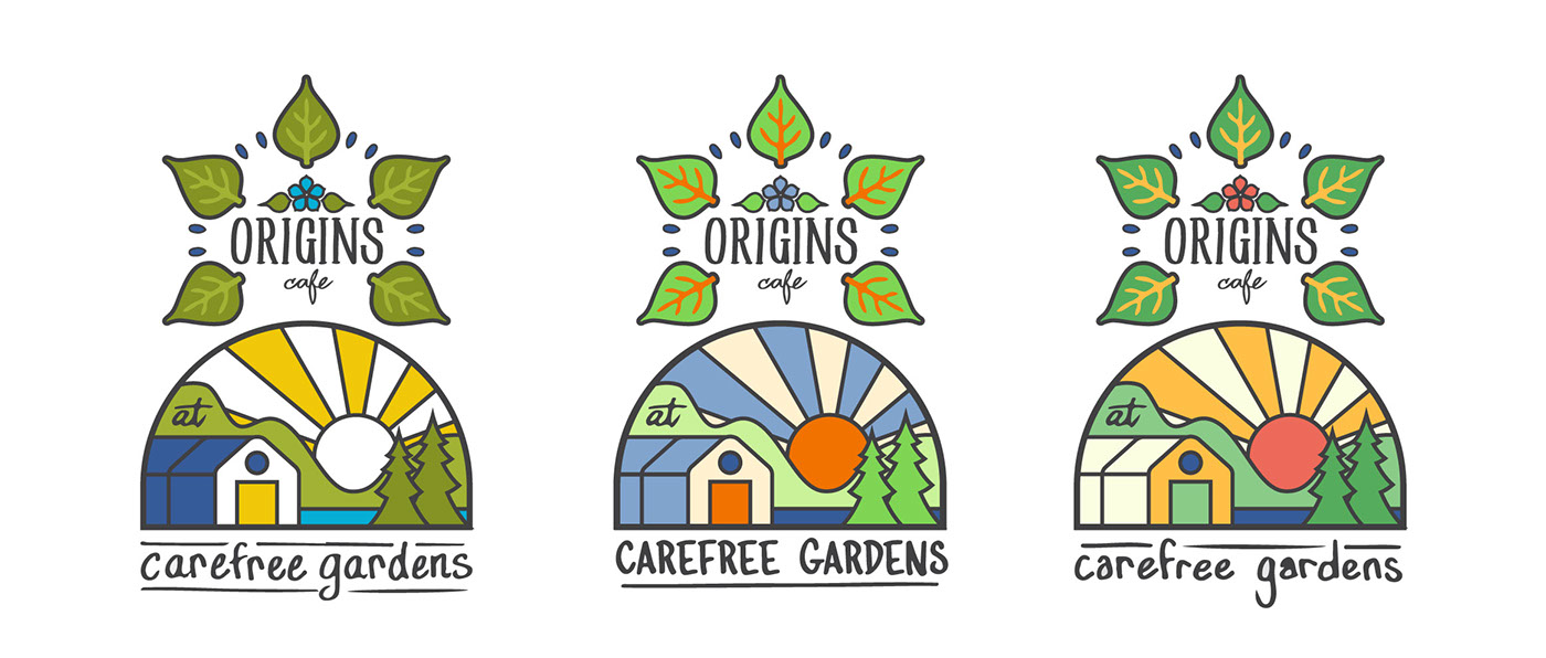 origins Carefree Gardens cafe gardening logo leaf flower Landscape serving pine
