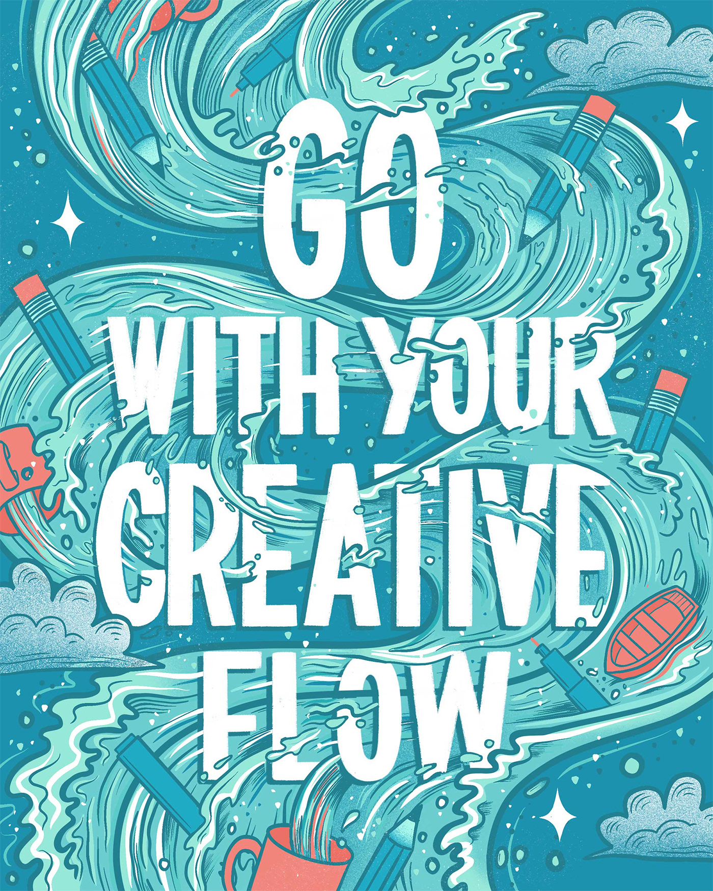 Water illustration flowing through the hand lettered phrase "go with your creative flow"