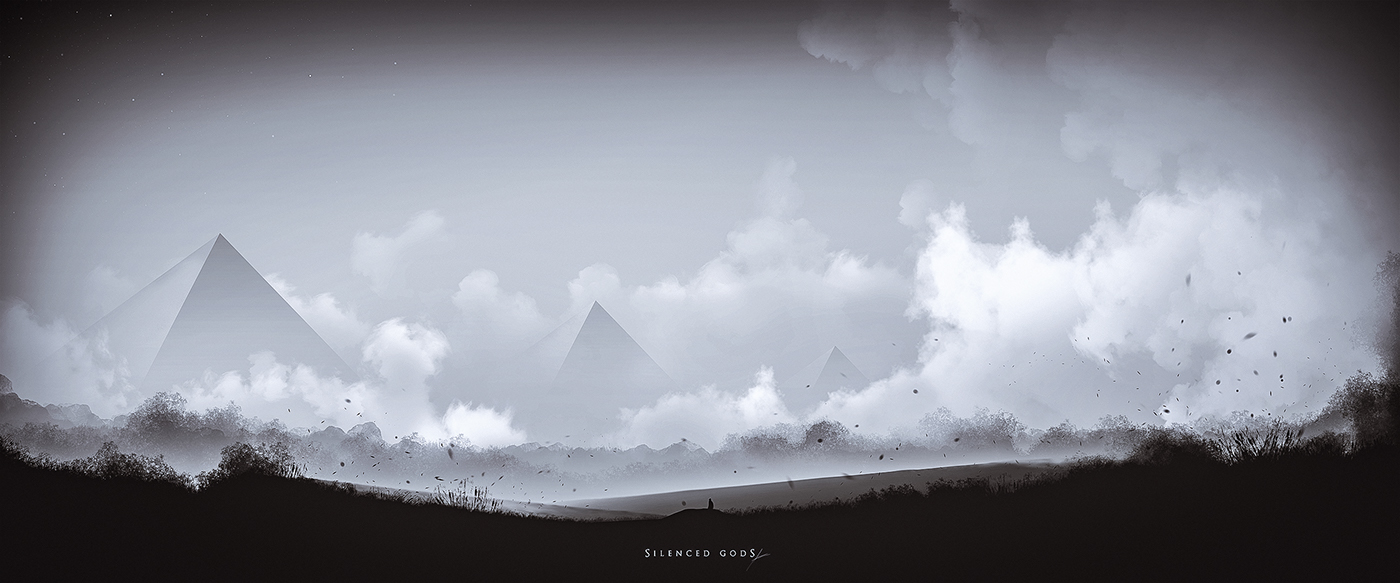 Landscape pyramid black and white monochrome clouds panorama stars SKY dark Painted lonely