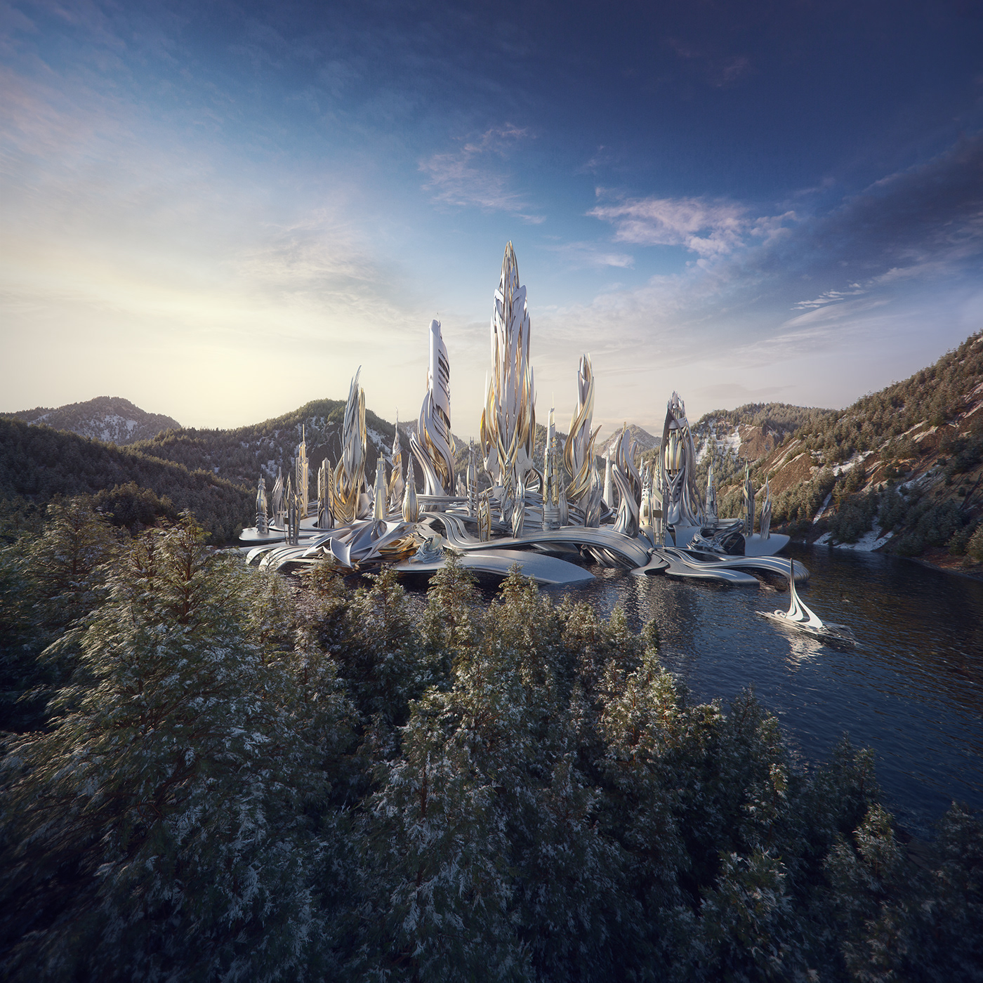 dream Scifi science fiction buildings city forest lake futuristic boat 3D