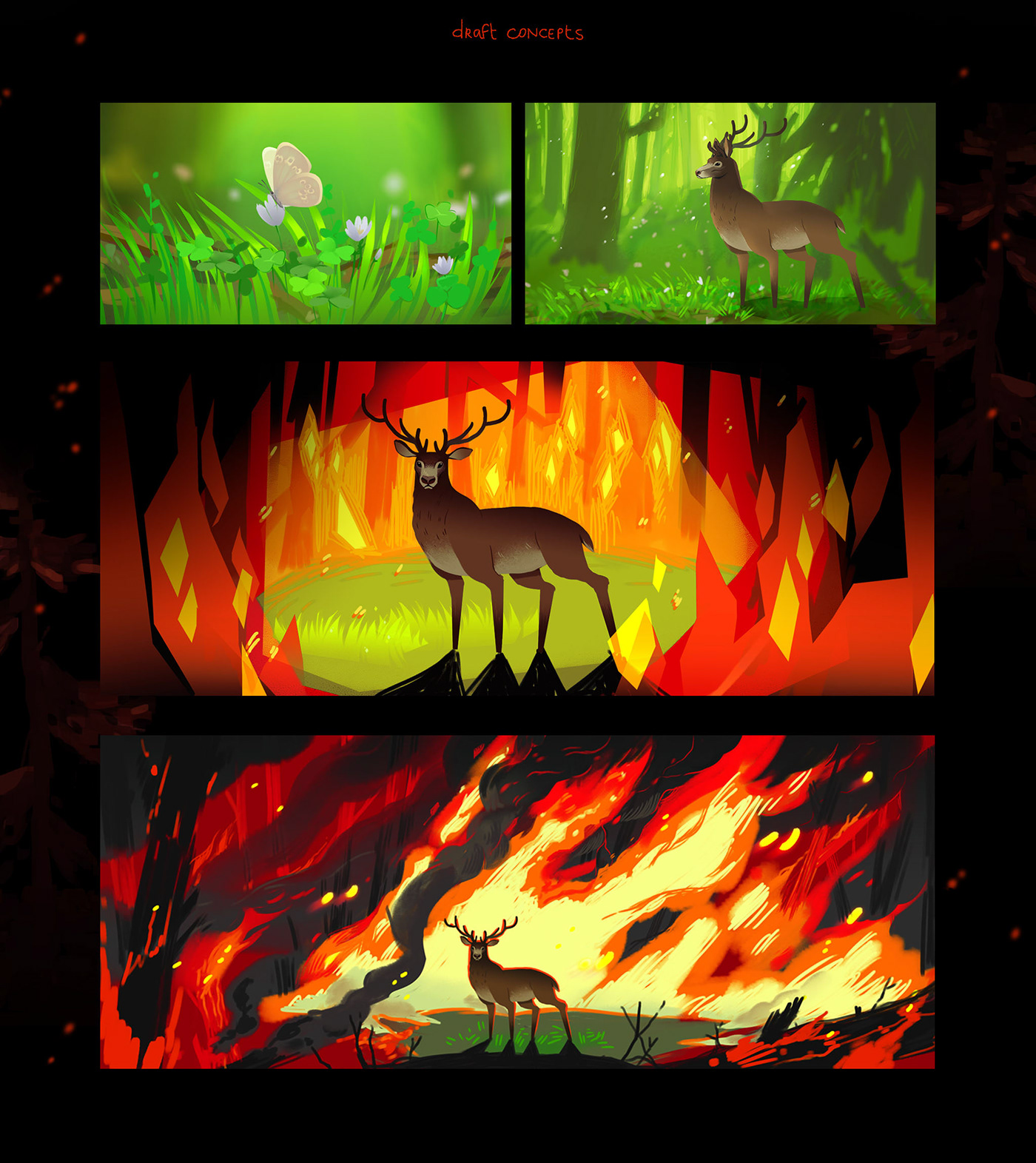 fire wildfire black sky animation  deer Nature disaster forest butterfly