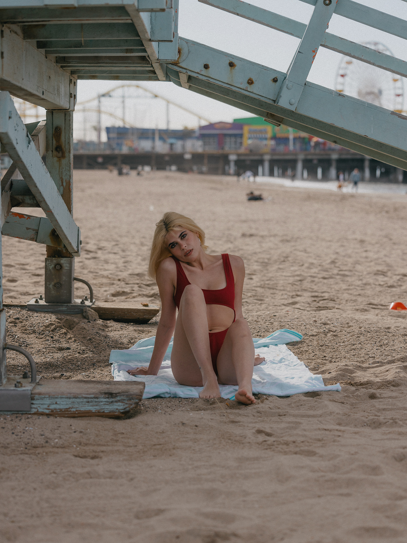 beach beauty editorial shore model swimwear portrait glamour pier swimsuit