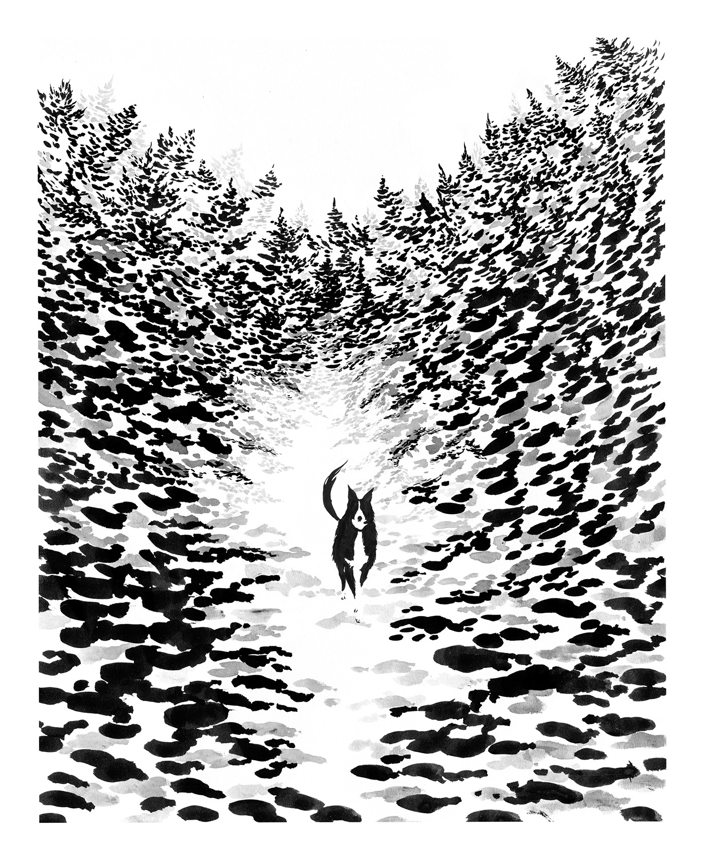 dog animal ink forest snow painting   black and white black & white portrait