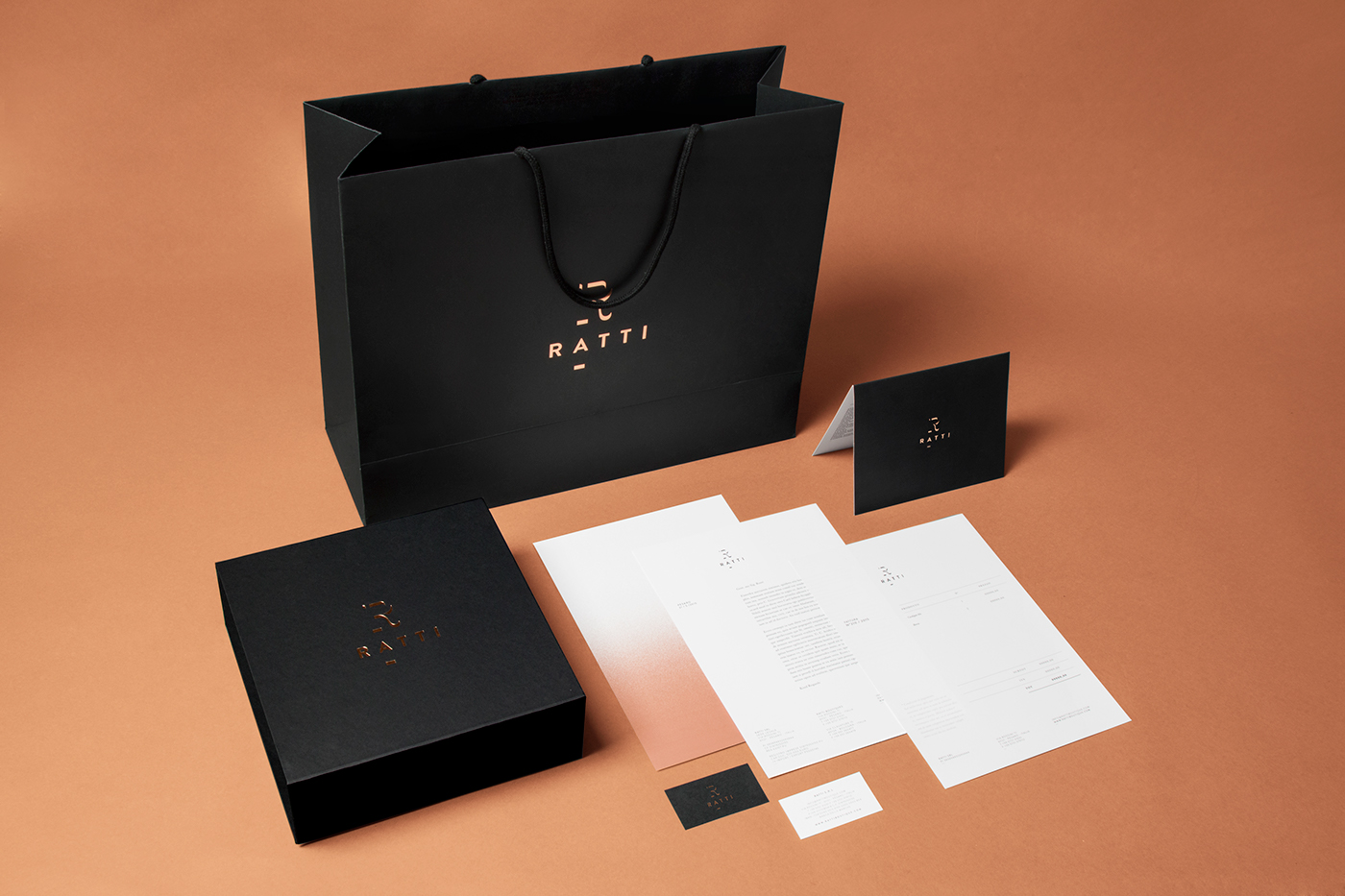 Fashion Store luxury black copper boutique foil hot-stamping Italy elegance Shopper boxes identity brand identity logo