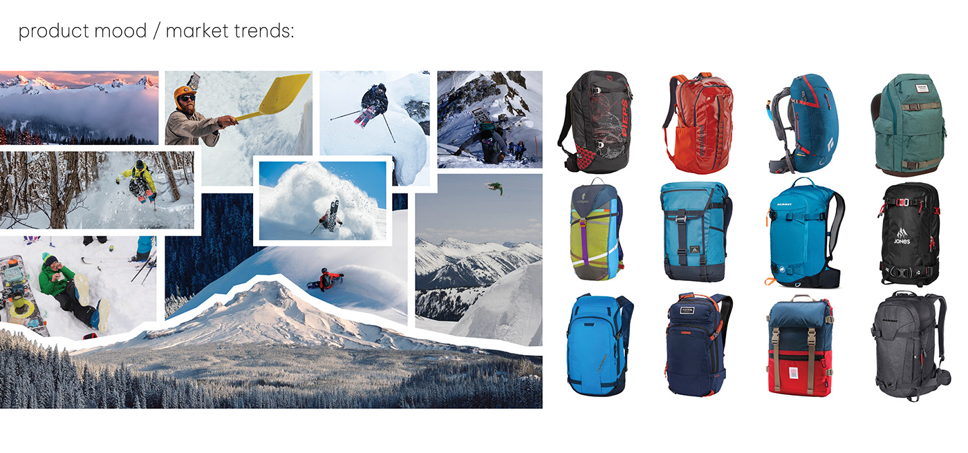 action sports backpack design industrial design  product design  product sketching Ski snowboard softgoods Softgoods Design