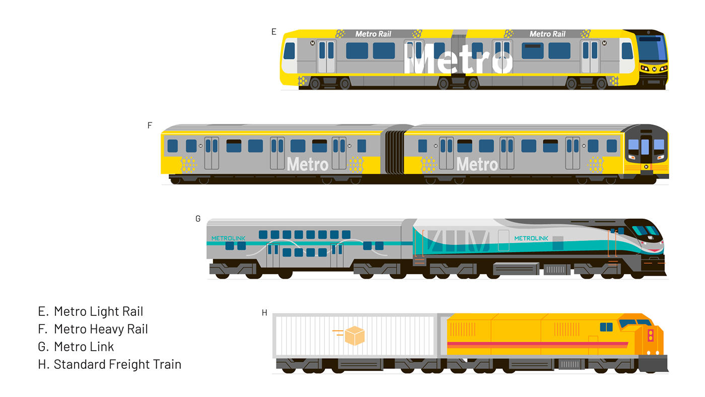 Grid of trains that are a part of the Los Angeles Metro fleet as well as various shipment trains