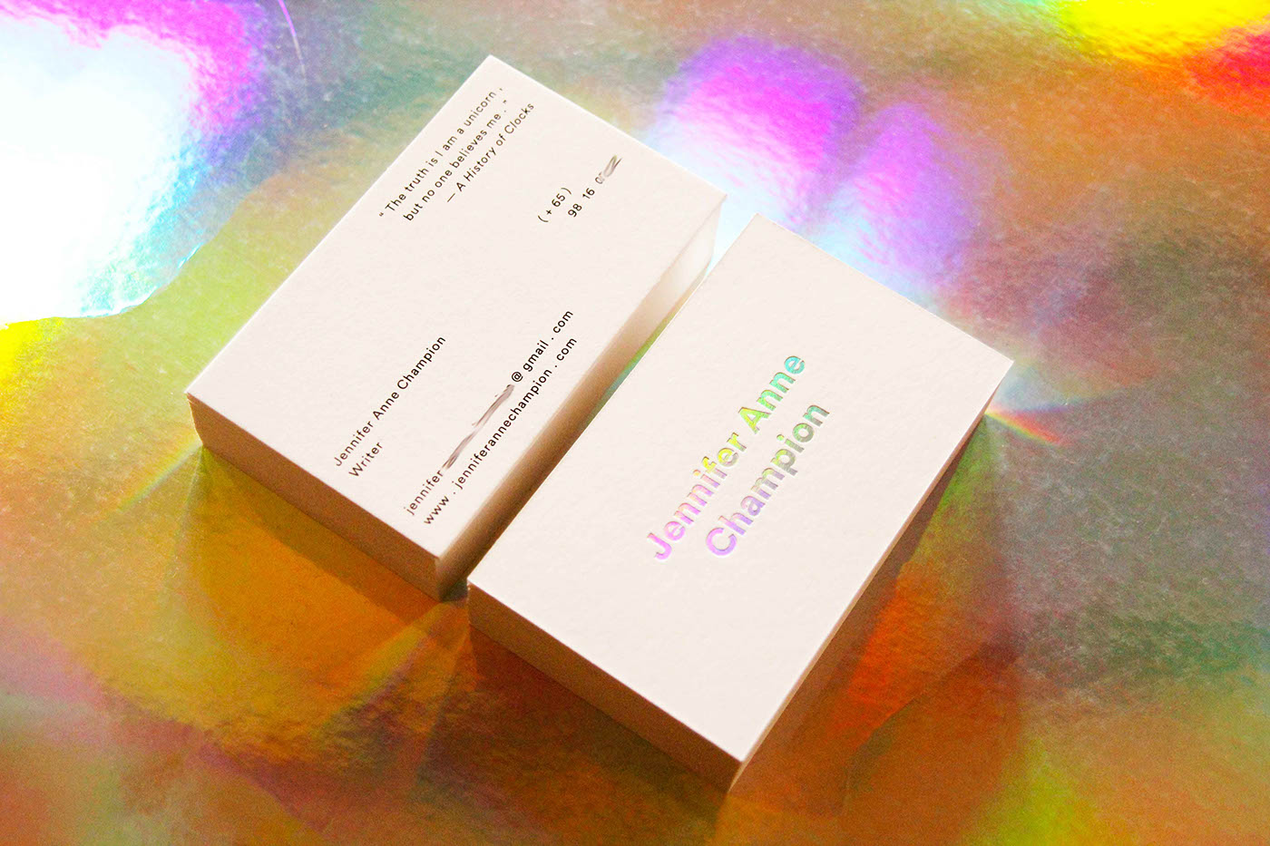 business card Name card holographic Jennifer Anne Champion writer poet singapore literature