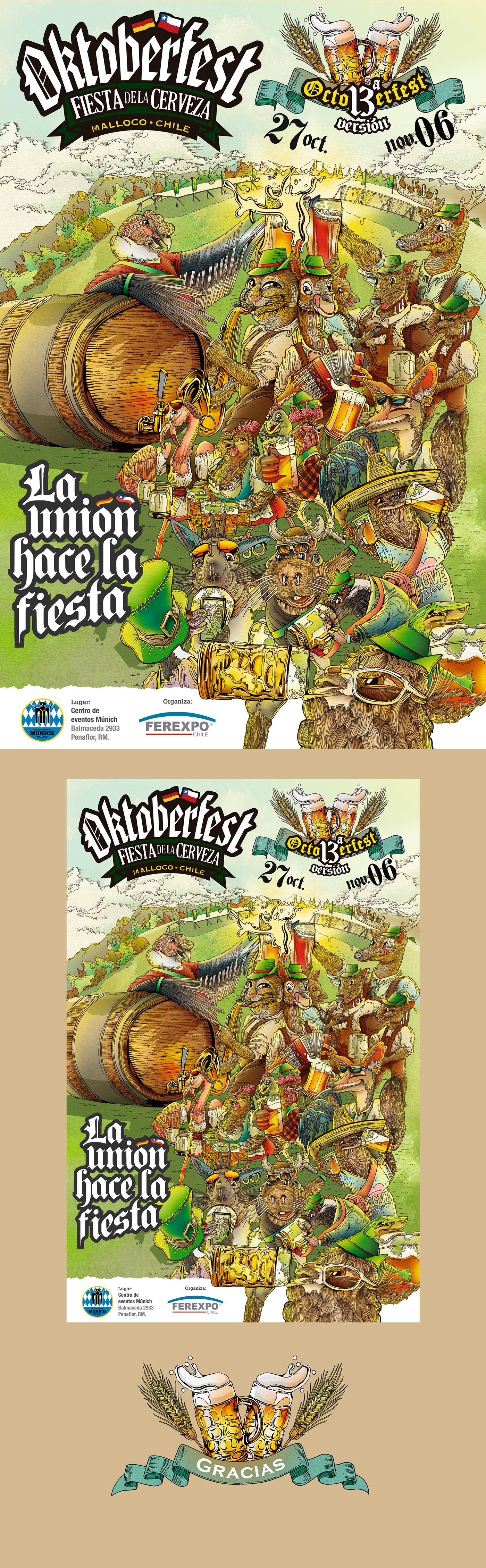 poster beer oktoberfest party chile ilustration fauna animals alcohol drink
