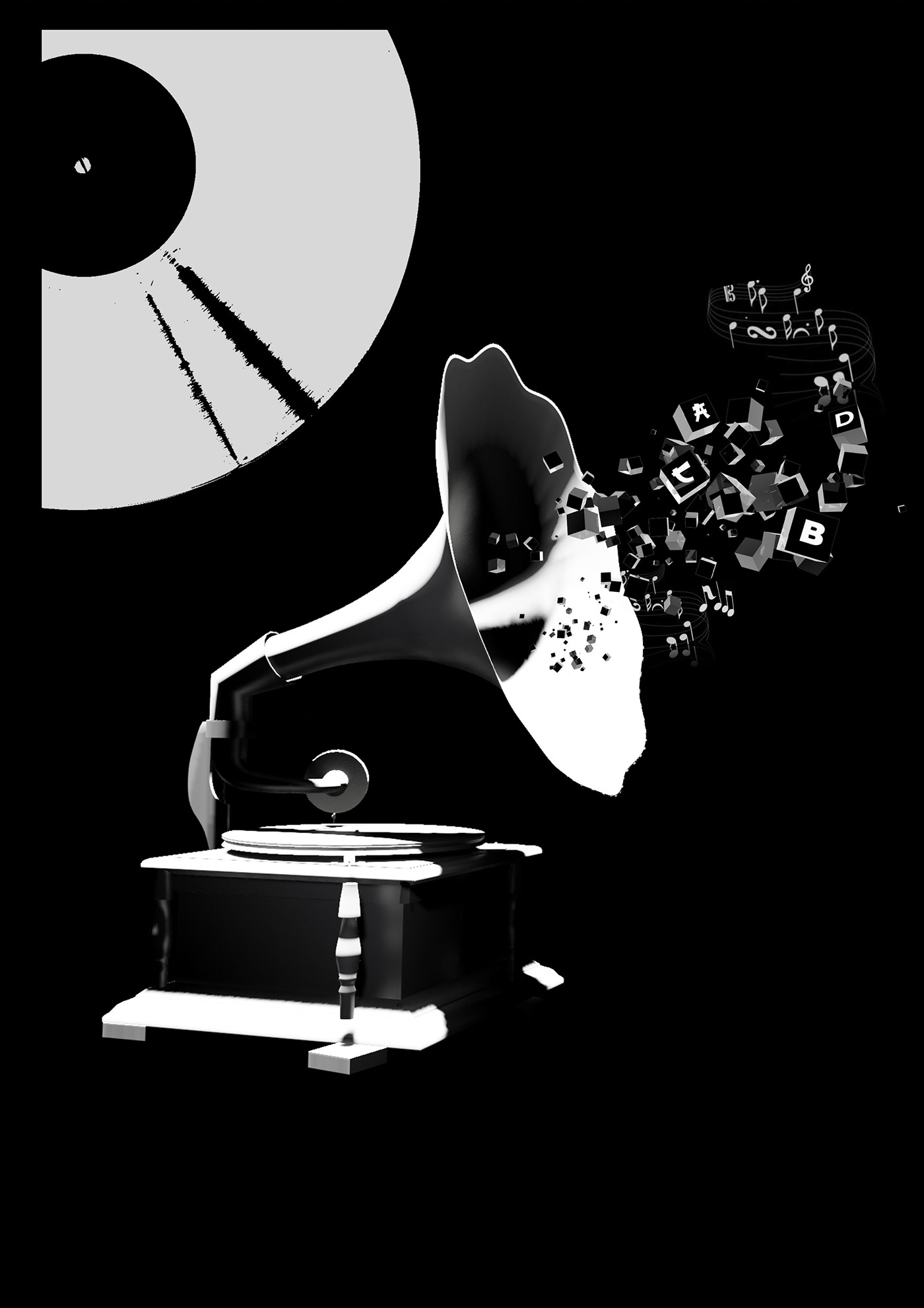 3D art black and white blender Digital Art  digital design graphic design  letters music TOONRENDER
