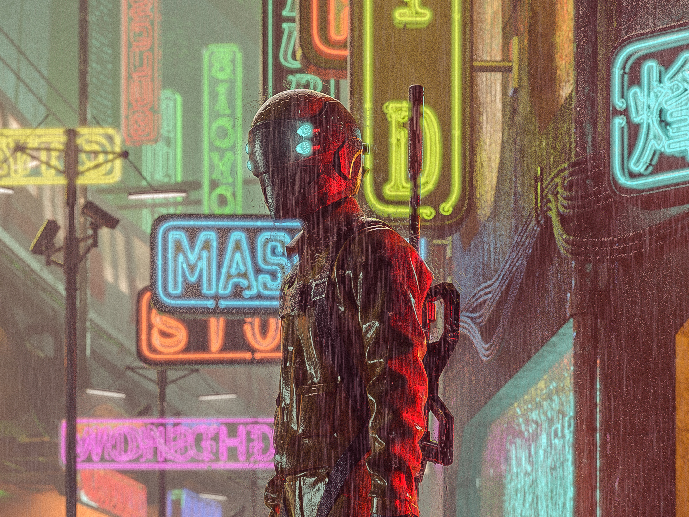 neon sci-fi beijing city environment Cyberpunk cyber CG 3D rain