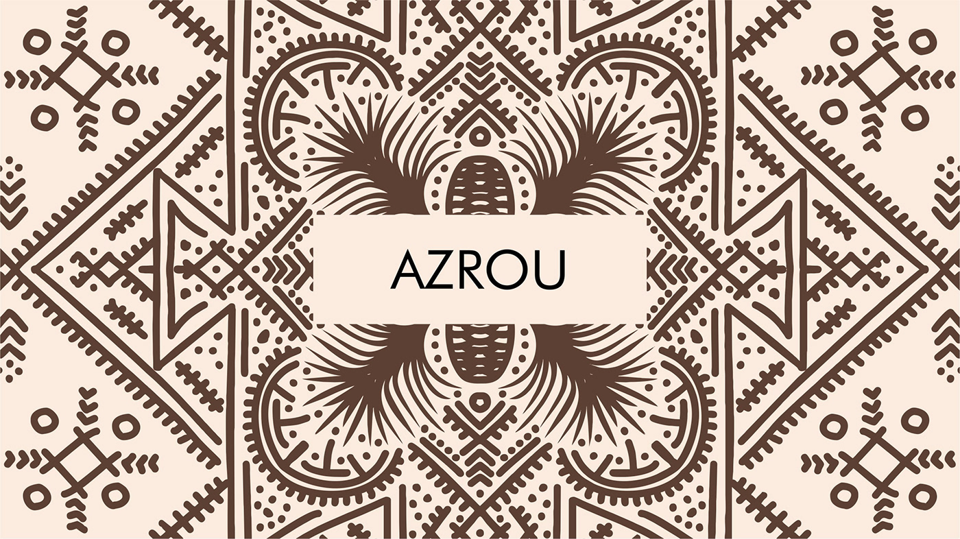 Brown ornamental illustration for Azrou, featuring cedar and ethnic patterns