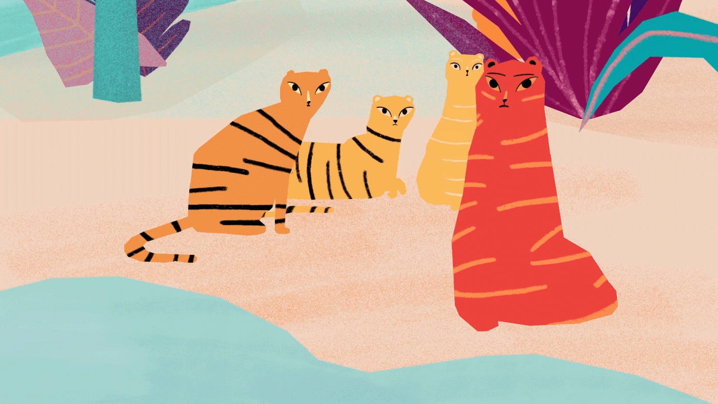 Tigers sitting on the bank of a river  a fish falls animation