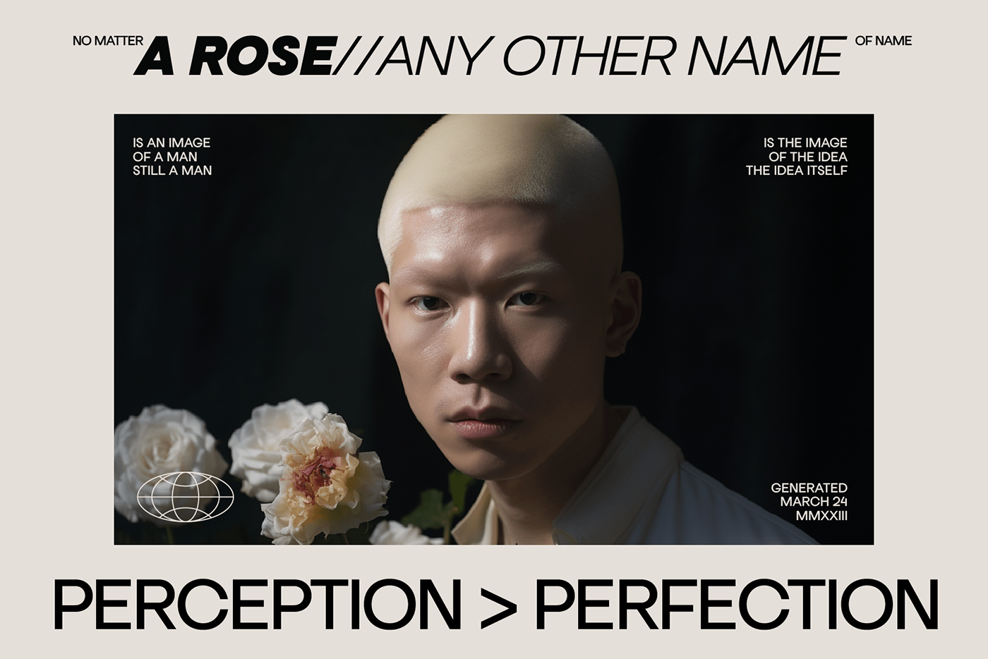 an asian man holding flowers looking at the camera surrounded by Franie font