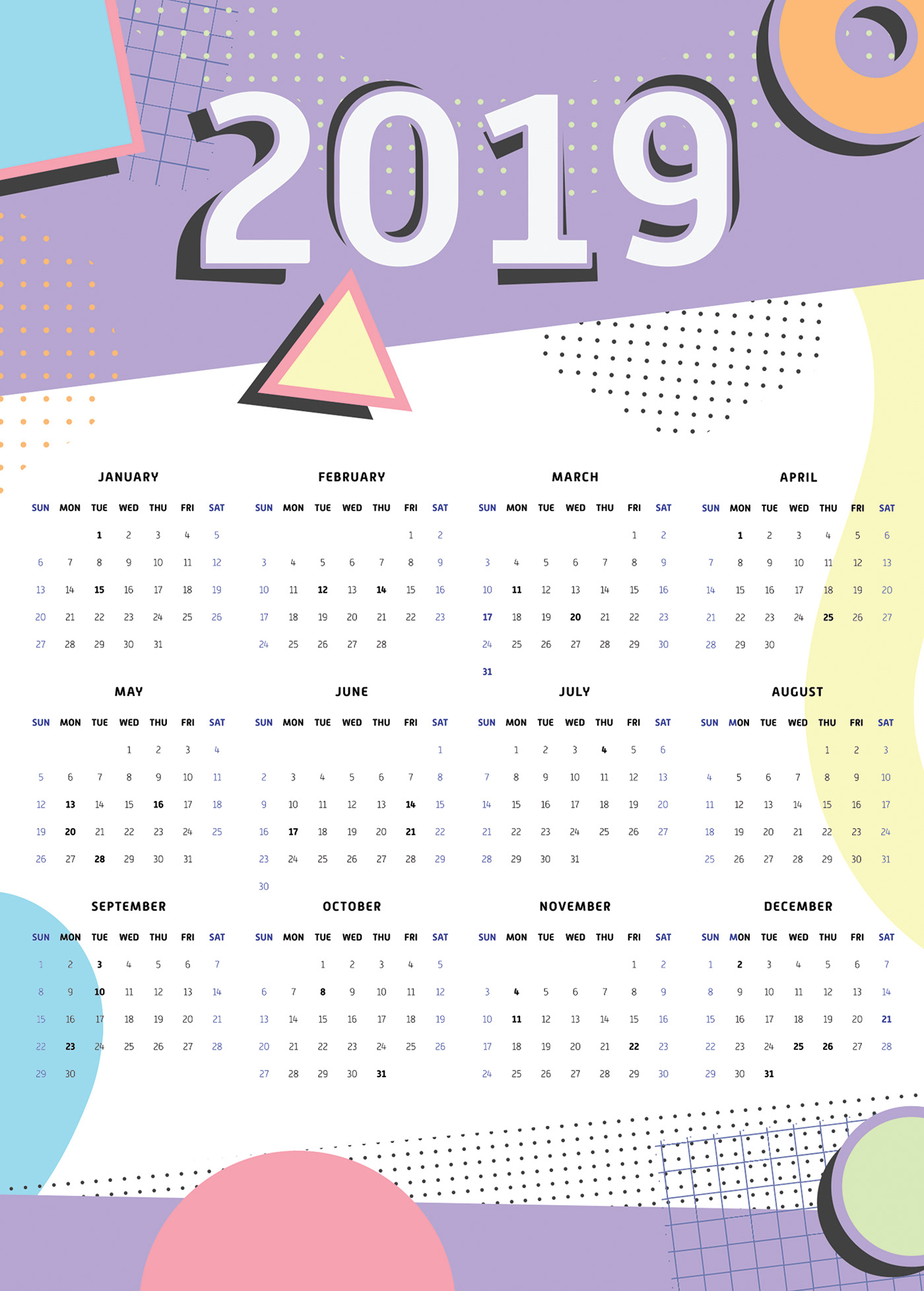 Memphis Colourful  calendar typography   dots shapes lines