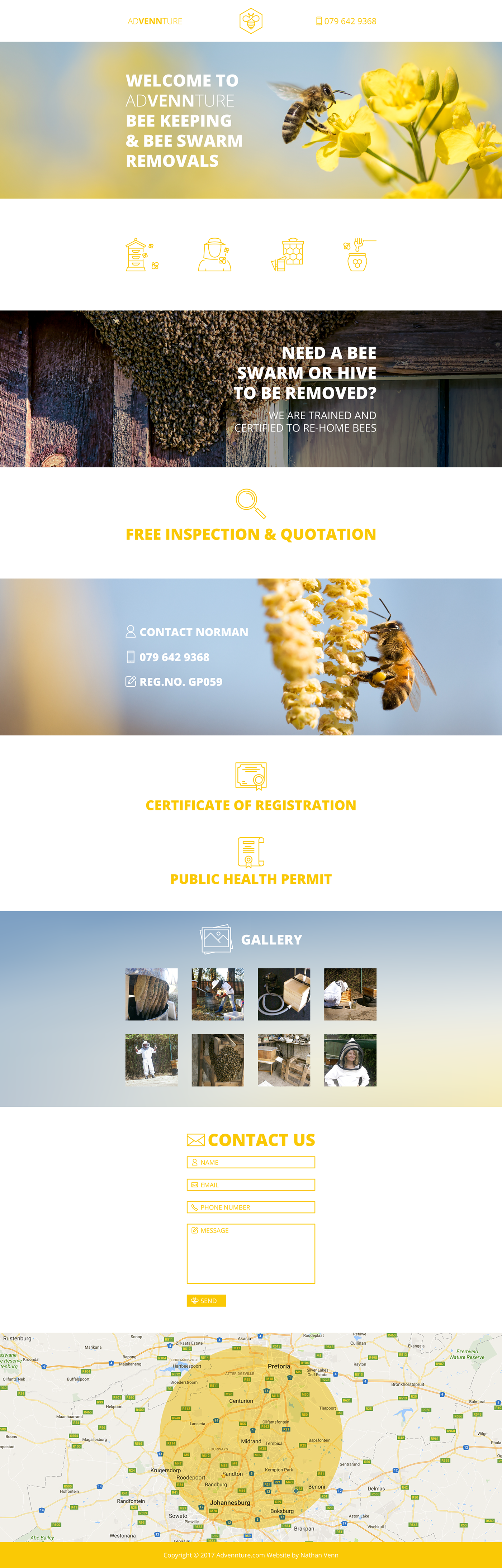 Advennture Micro-site Website uiux bee keeping bees Swarm Removal yellow icons line