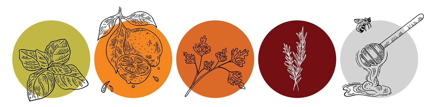 Graphic buttons of vector illustrations of spices & herbs in a woodcut carving style. 