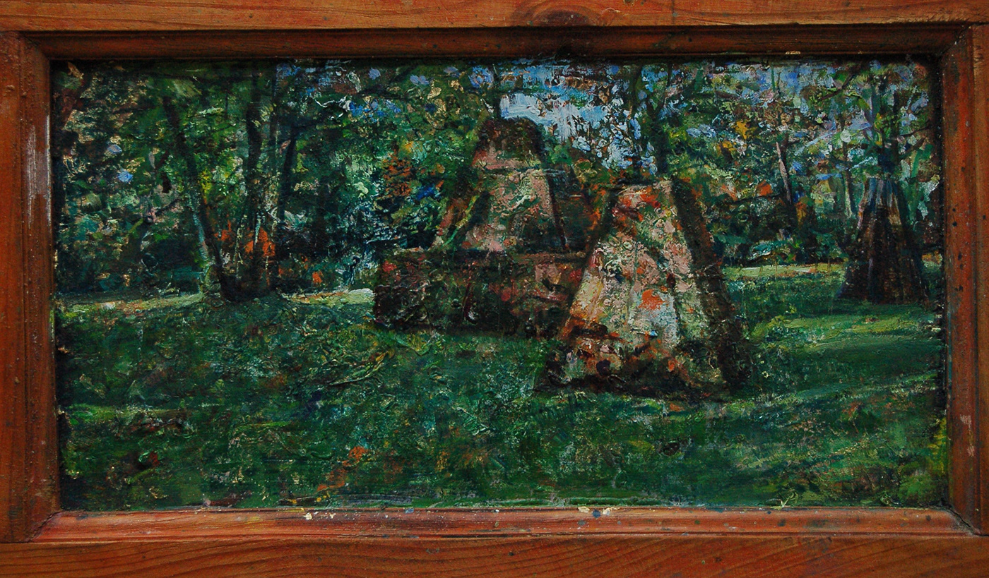 a visit in an old Spanish door. Inspired on green Kröller-Müller Museum. oilpainting Park the garden of triptych on