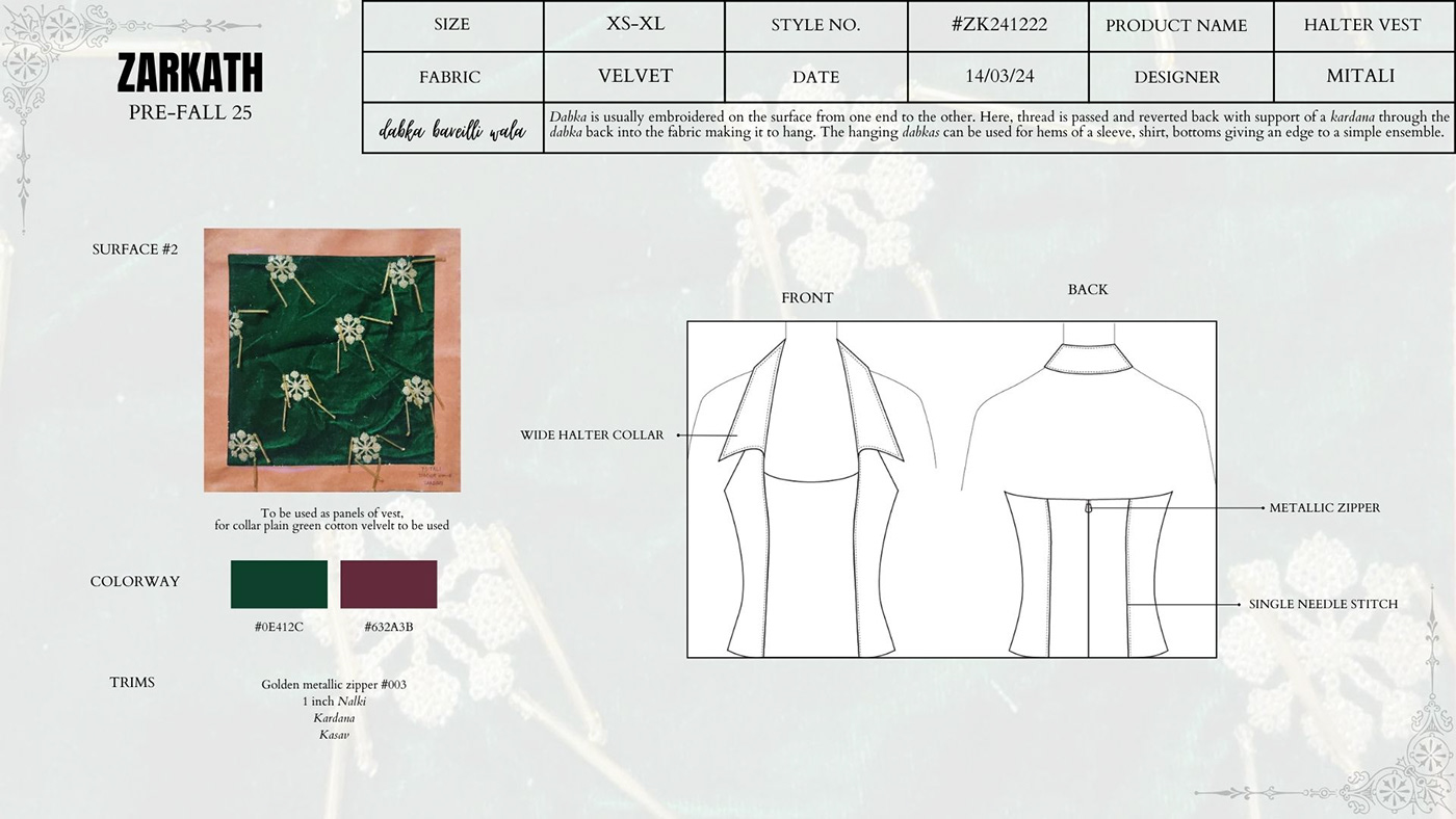 surface design fashion design apparel Techpacks Embroidery zardozi design process flat illustration research development