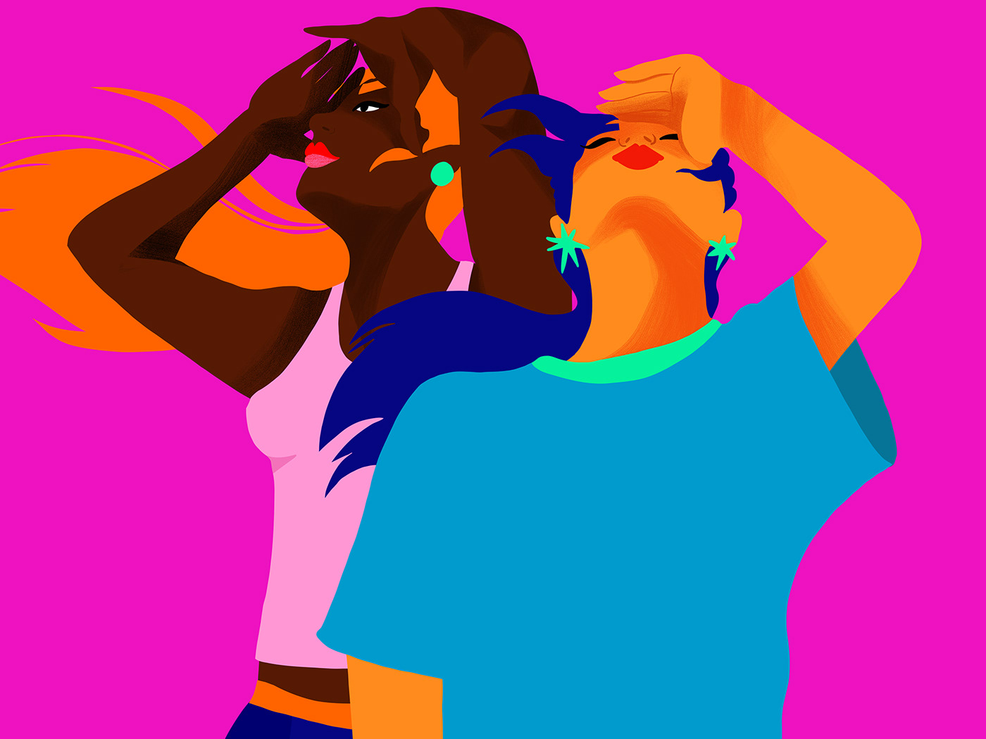 two women looking up on a pink background