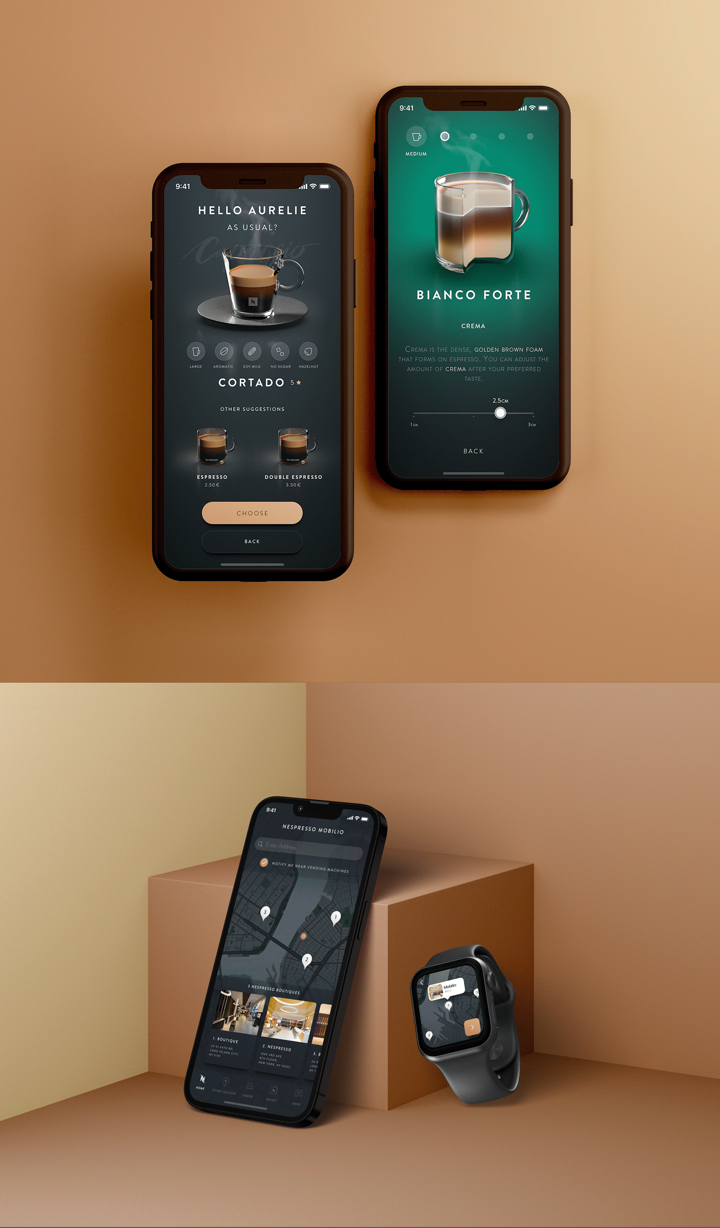 UI/UX user interface Mobile app Coffee Nespresso ux brand identity motion design 3D ios