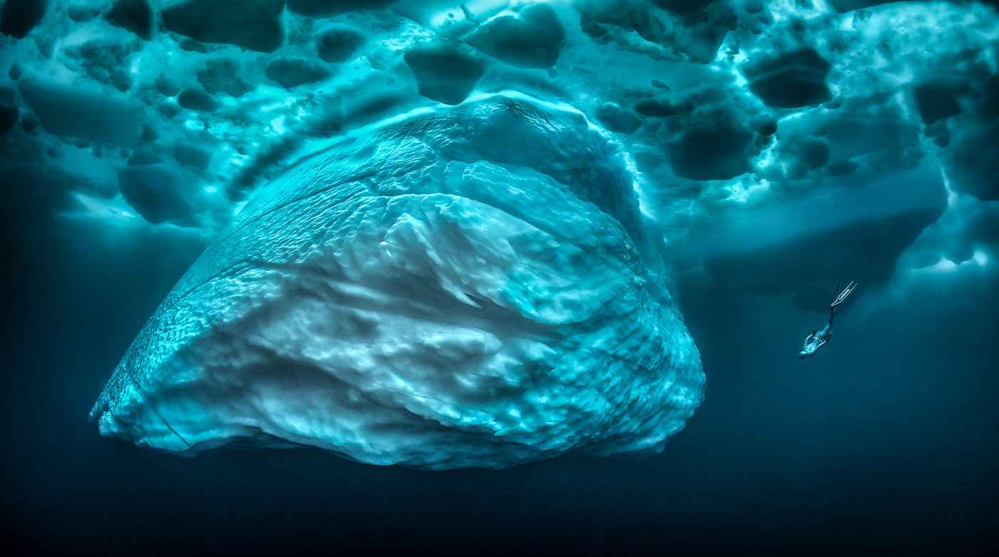 iceberg Greenland ice freediver underwater Arctic Pole diving freediving