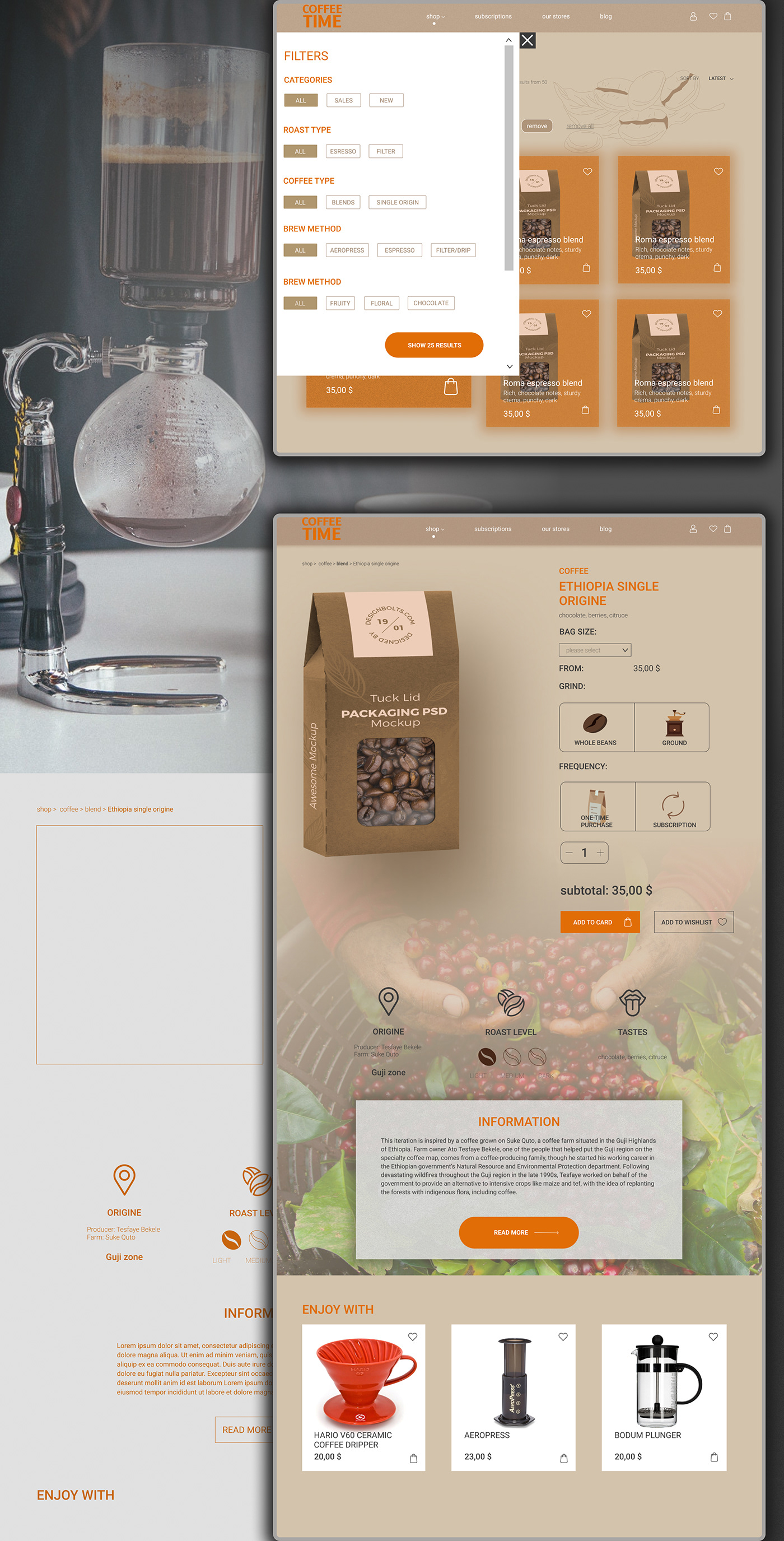 case Coffee desktop e-commerce ILLUSTRATION  Multi Site shop UI ux Website