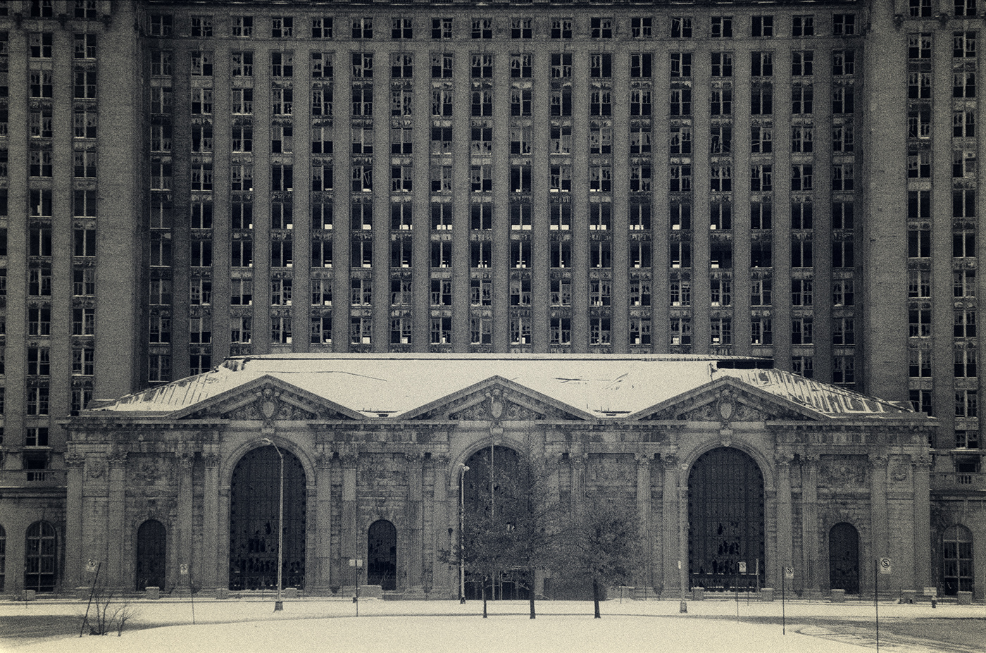 Michigan Central Station, on a winter morning, in Detroit, Michigan.