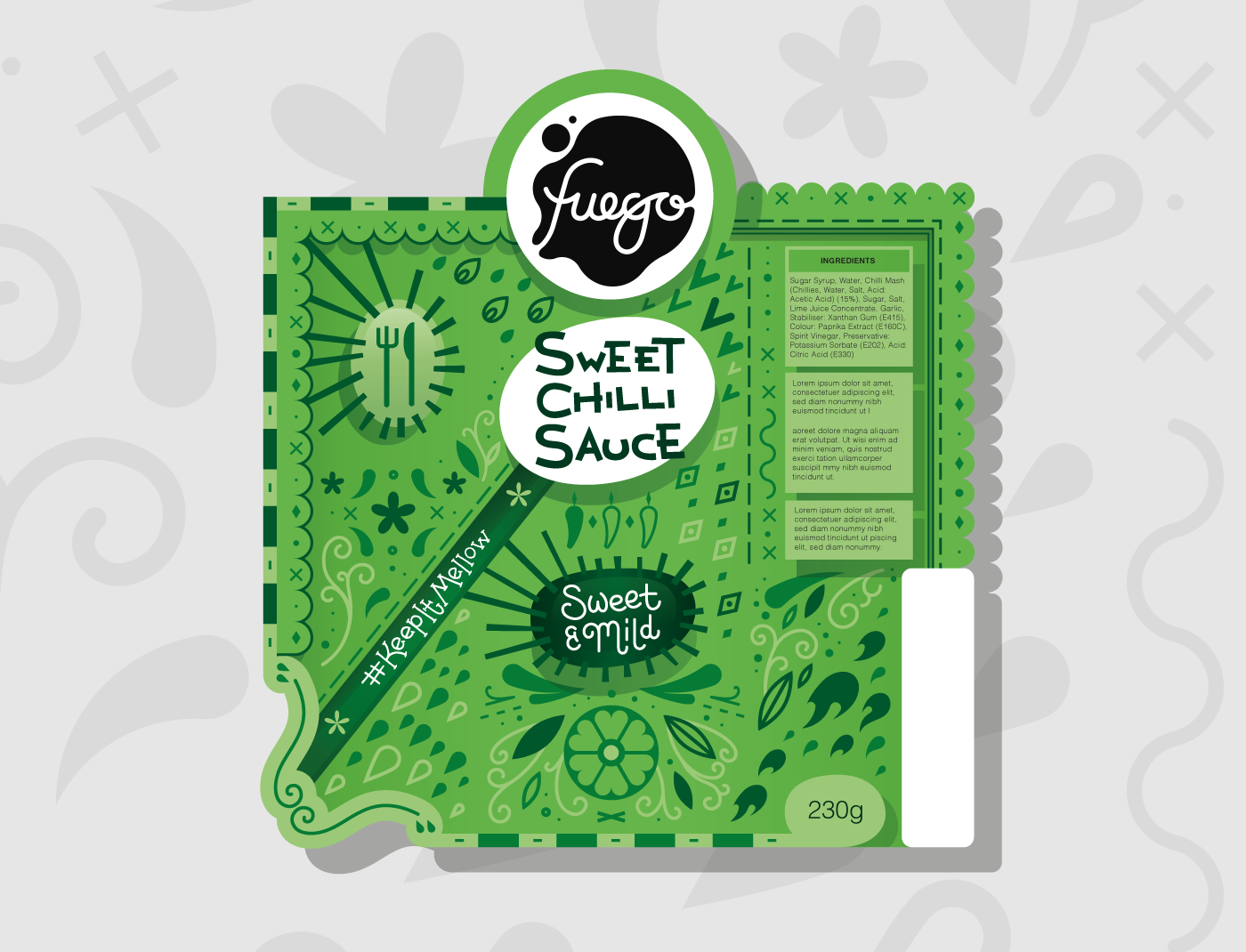 fuego Chilli Mexican mexico spicy hot sauce product packaging label design sweet sauce pattern