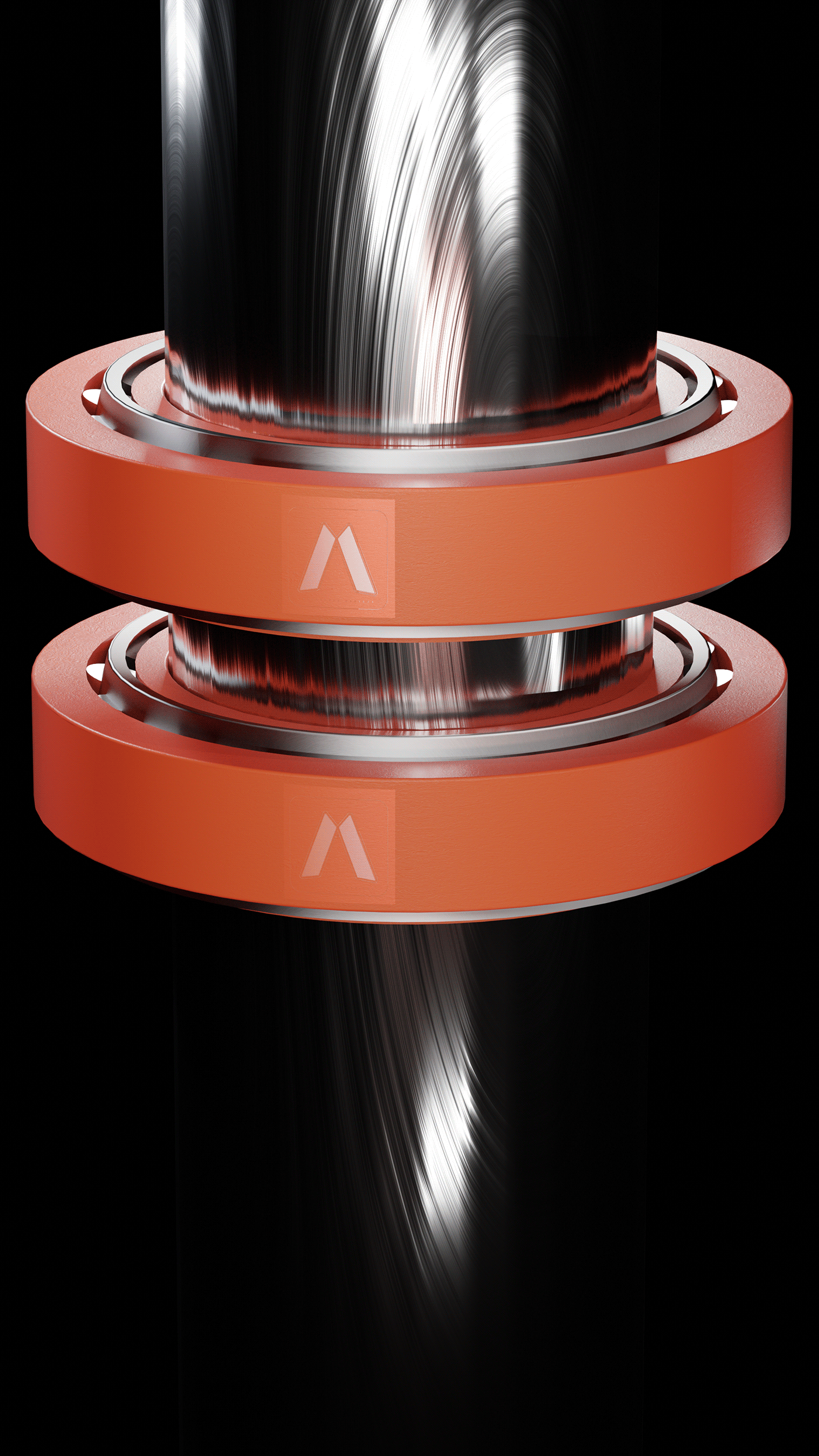 Close up product render of a ball bearing with a shaft in motion in 3d