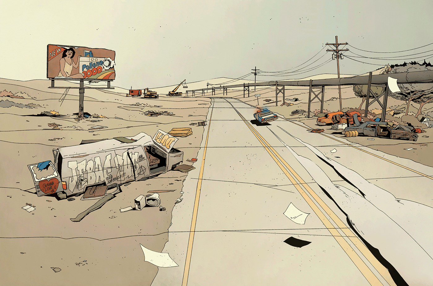 comic book Scifi wasteland highway road desert story Cars sand