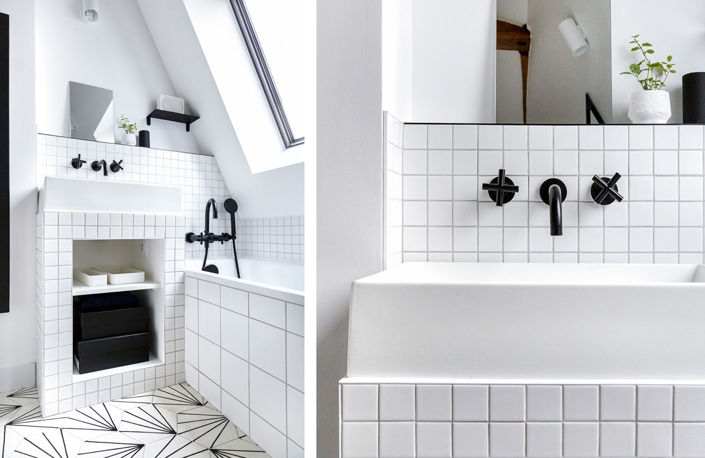 appartement architecture carreaux de ciments charpente design d'espace Paris renovation salle de bain verrière