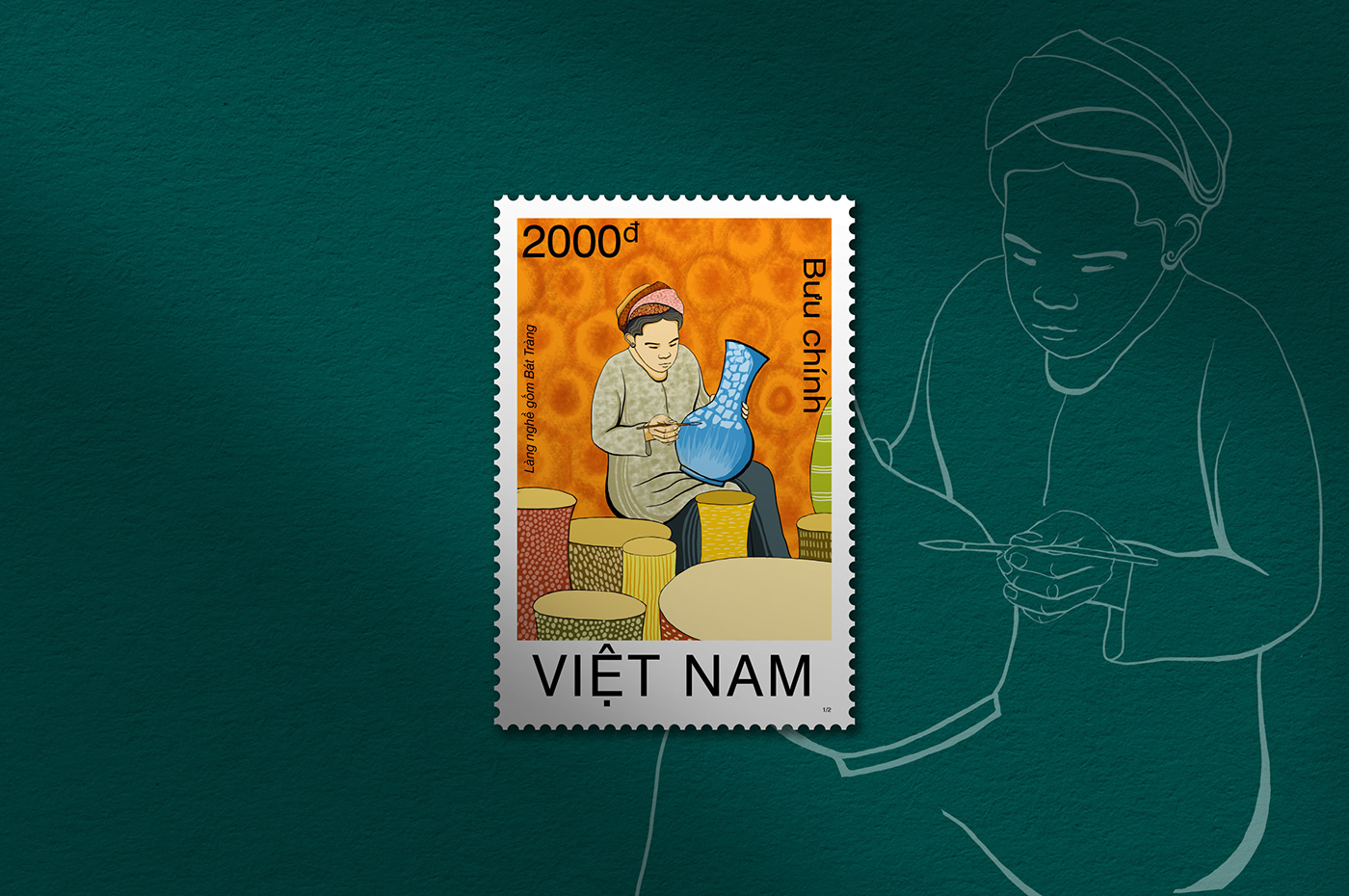 Bat Trang concept art designer Digital Art  digital illustration ilustracion postage stamps stamp Stamp Design village