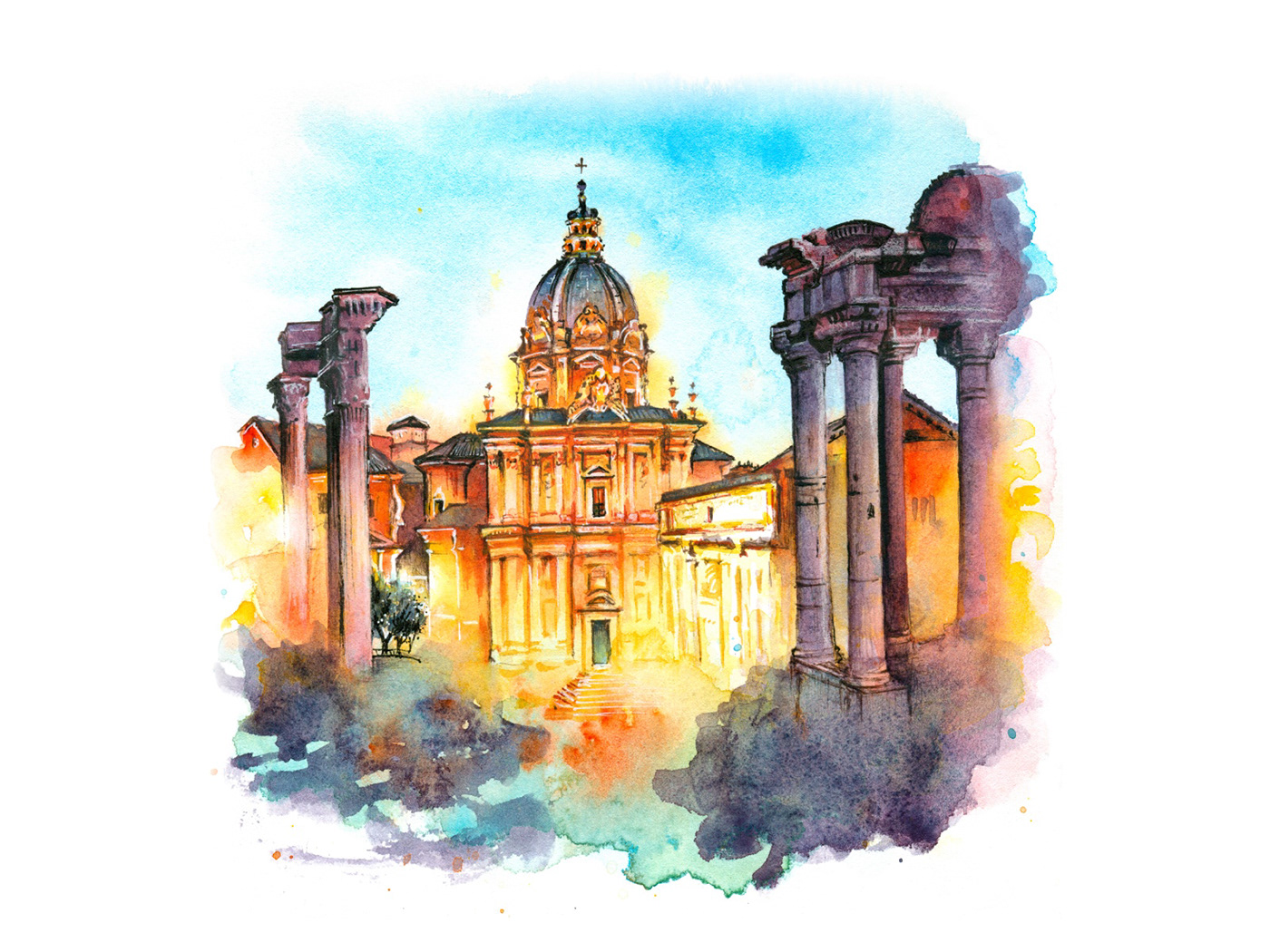 Rome Italy watercolor Drawing  vector Travel city sketch urban sketch Landmark