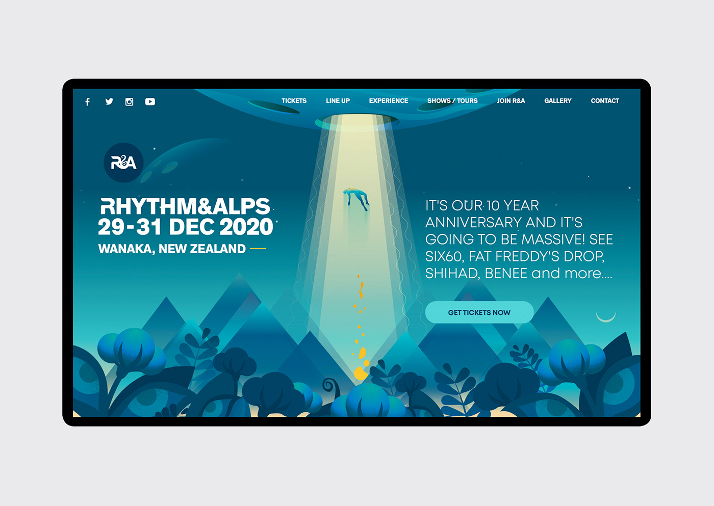 identity ILLUSTRATION  Music Festival New Zealand psychedelic R&A rhythm & alps Space  UI/UX Design Website