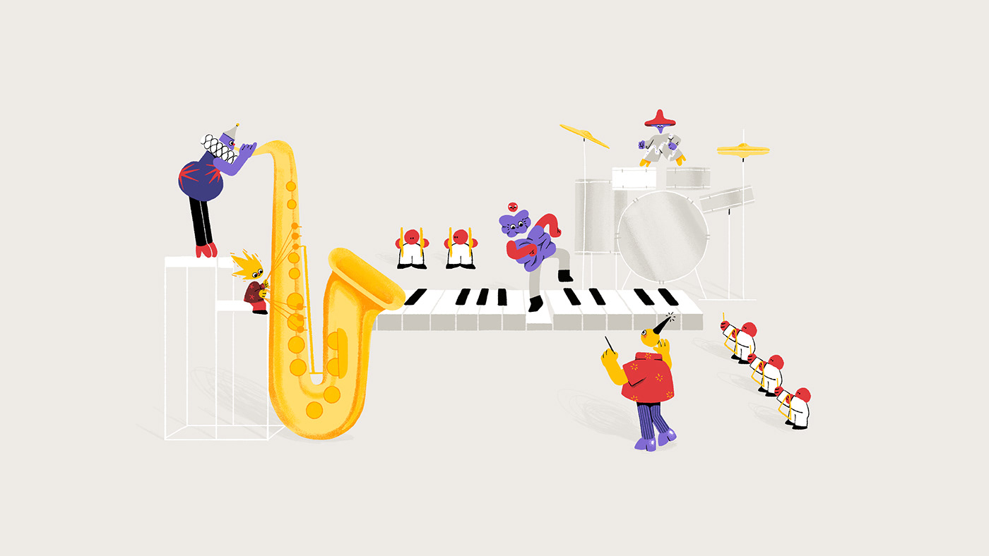 branding illustration, magical characters playing instruments, doing sound design and music