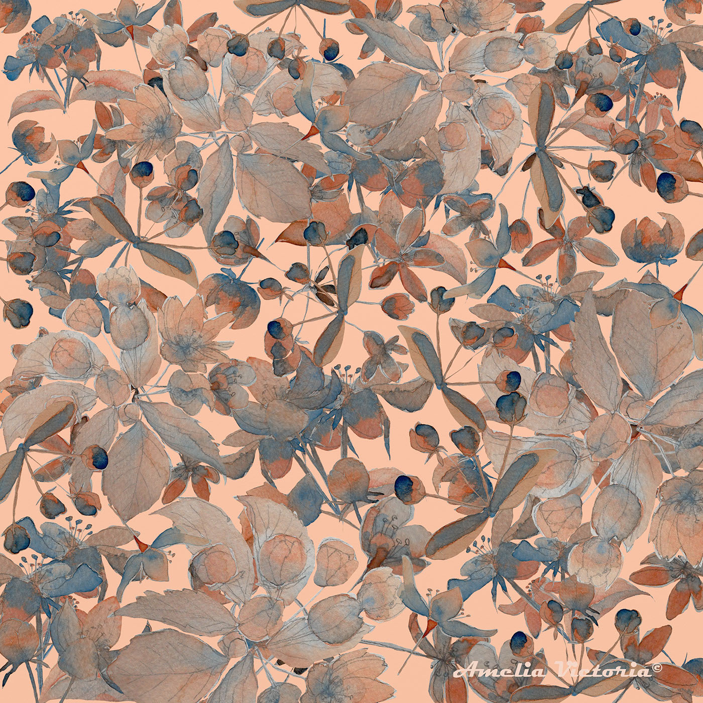 Spring pattern apple flowers ILLUSTRATION  illustrazione textile pattern Blue and peach blue and pink Flower Illustration Nature