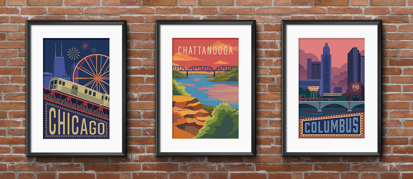 chicago Cleveland chattanooga travel poster vector Illustrator columbus poster art home dec poster