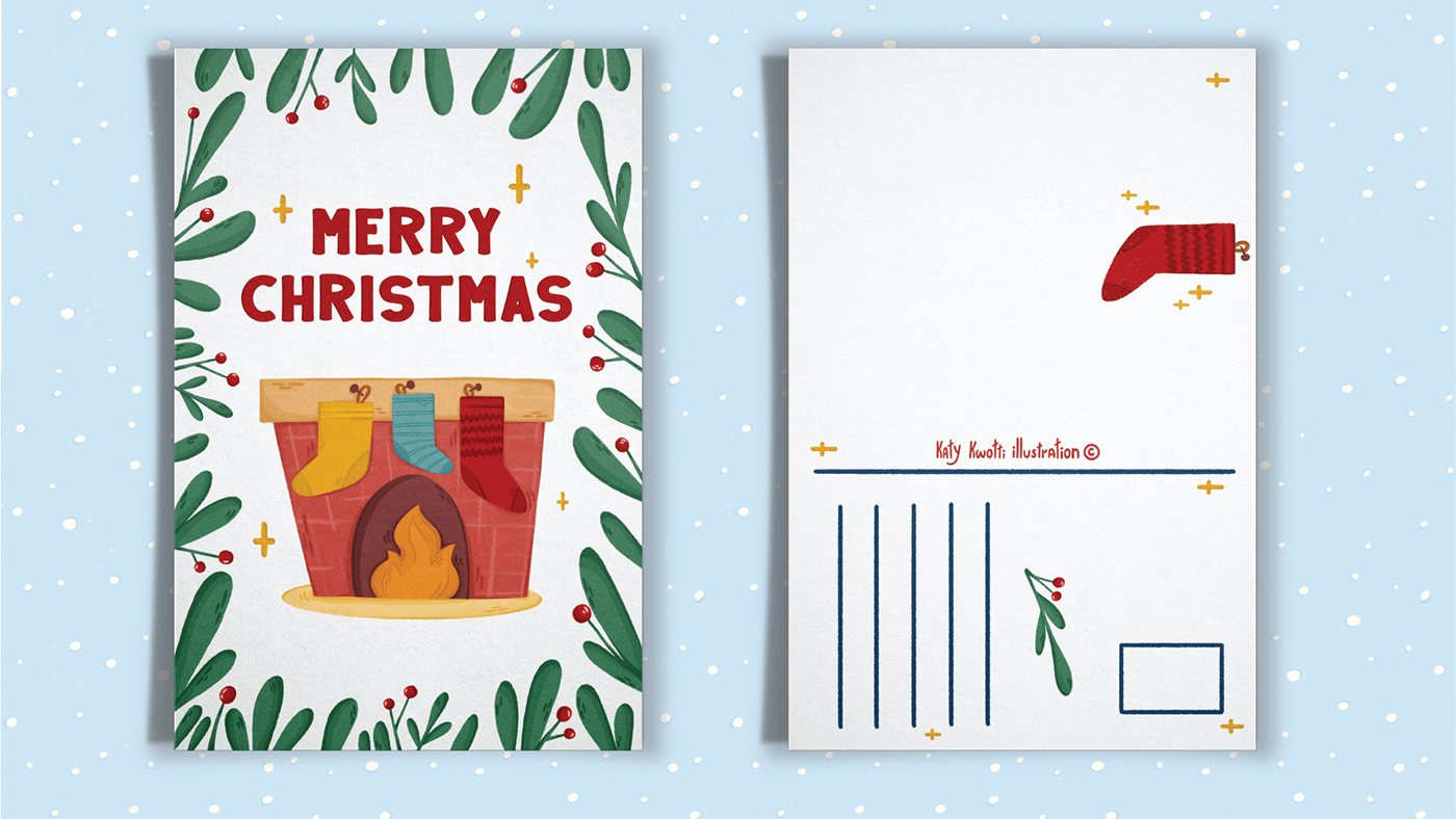 Postcard with message address template featured cute and playful illustration of Christmas fireplace