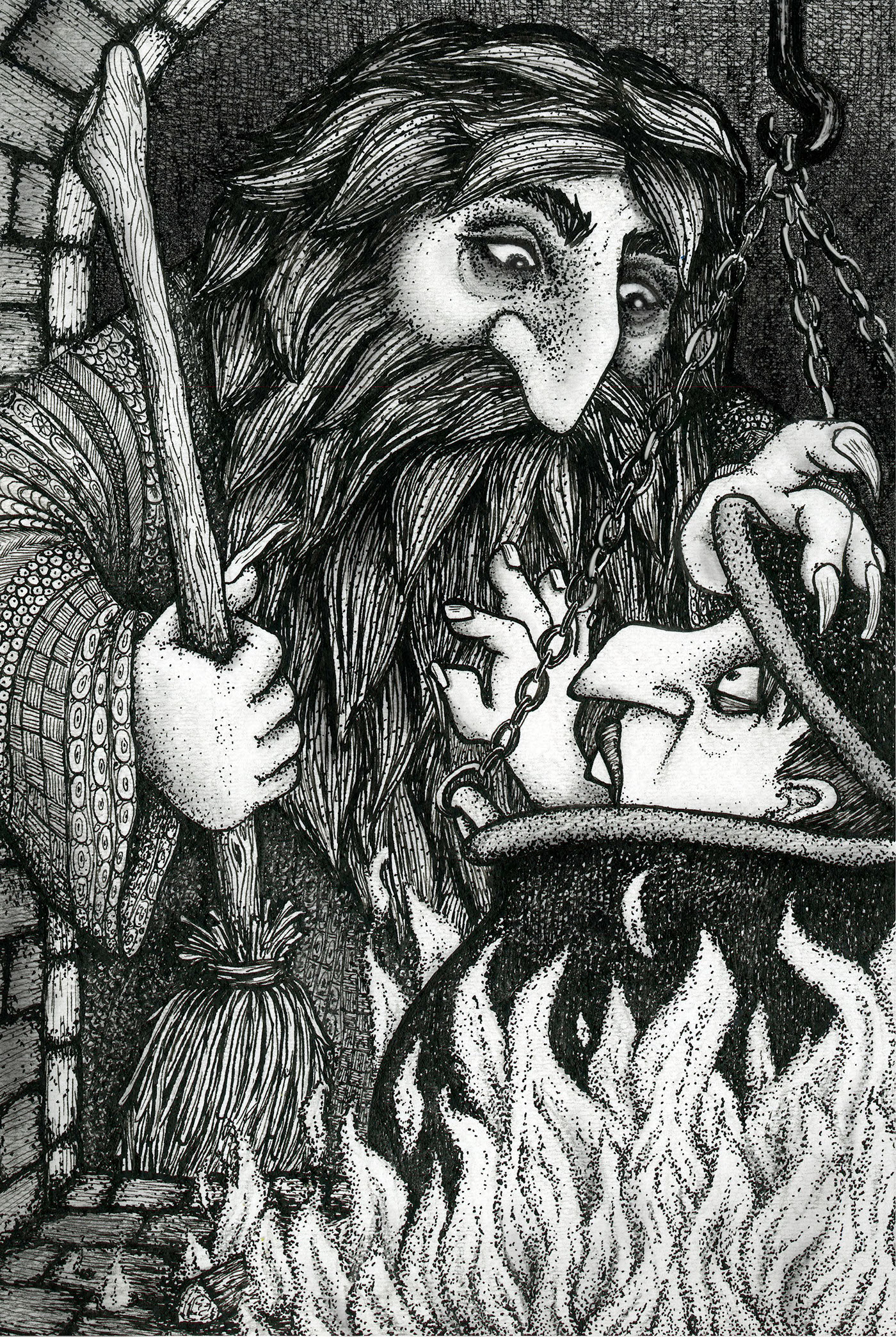 pen and ink crosshatch stipple black and white narrative book grimm's