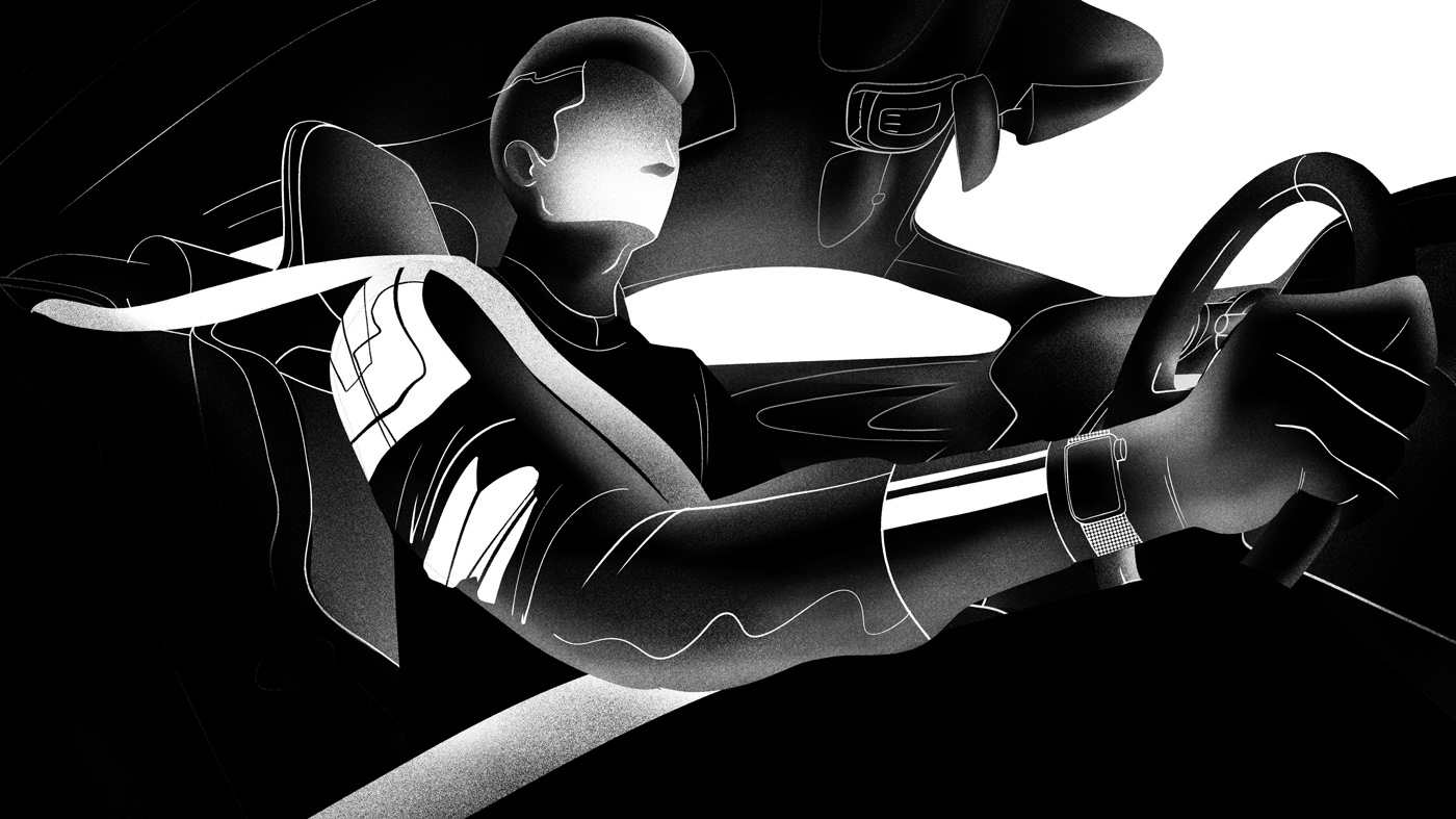 ILLUSTRATION  procreate app monochrome 2D car Travelling advertisement promotional video storyboard black and white