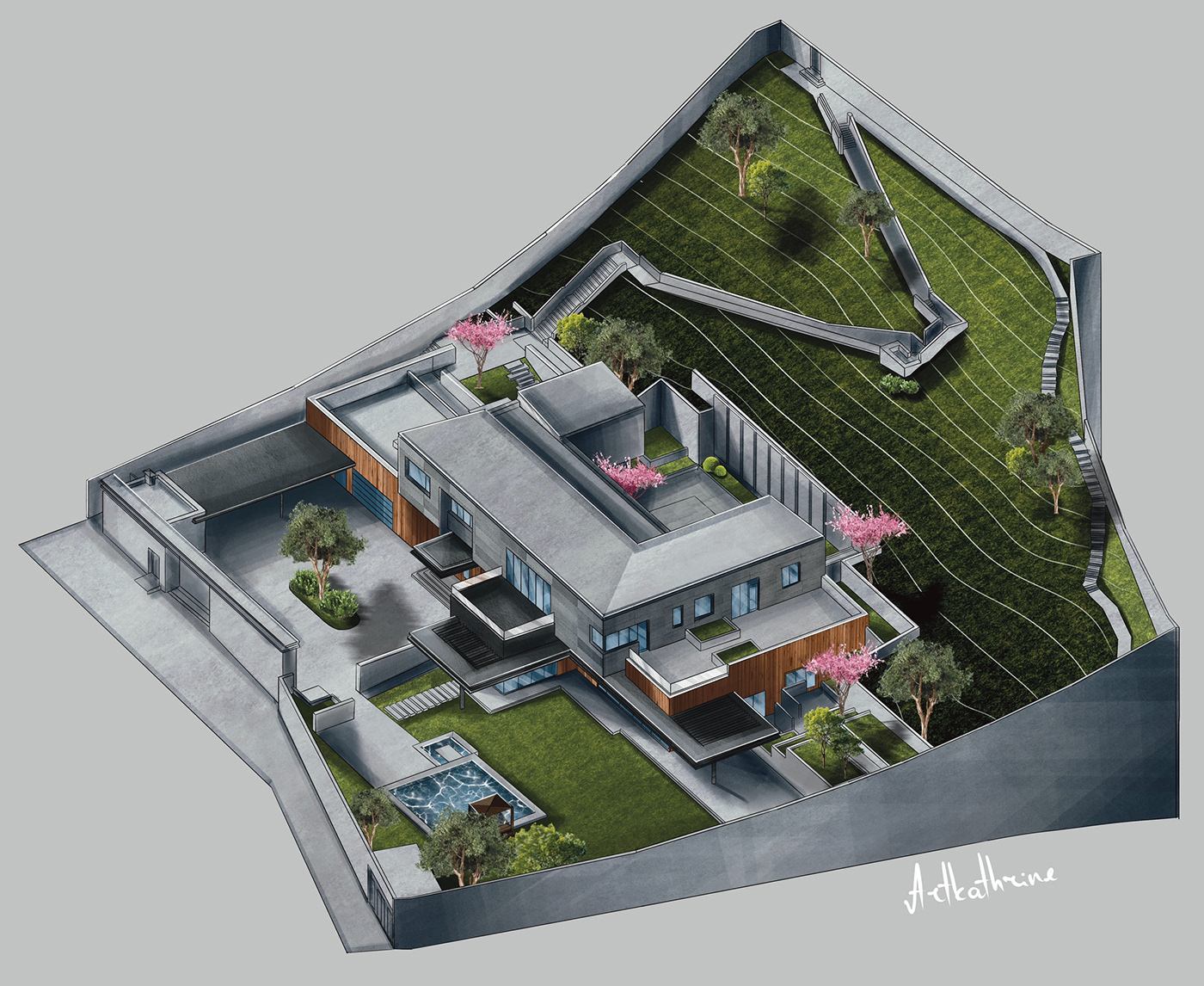 axonometric 3D Visualization 3d render Landscape Design Landscape Architecture  architecture visualization Render archviz modern