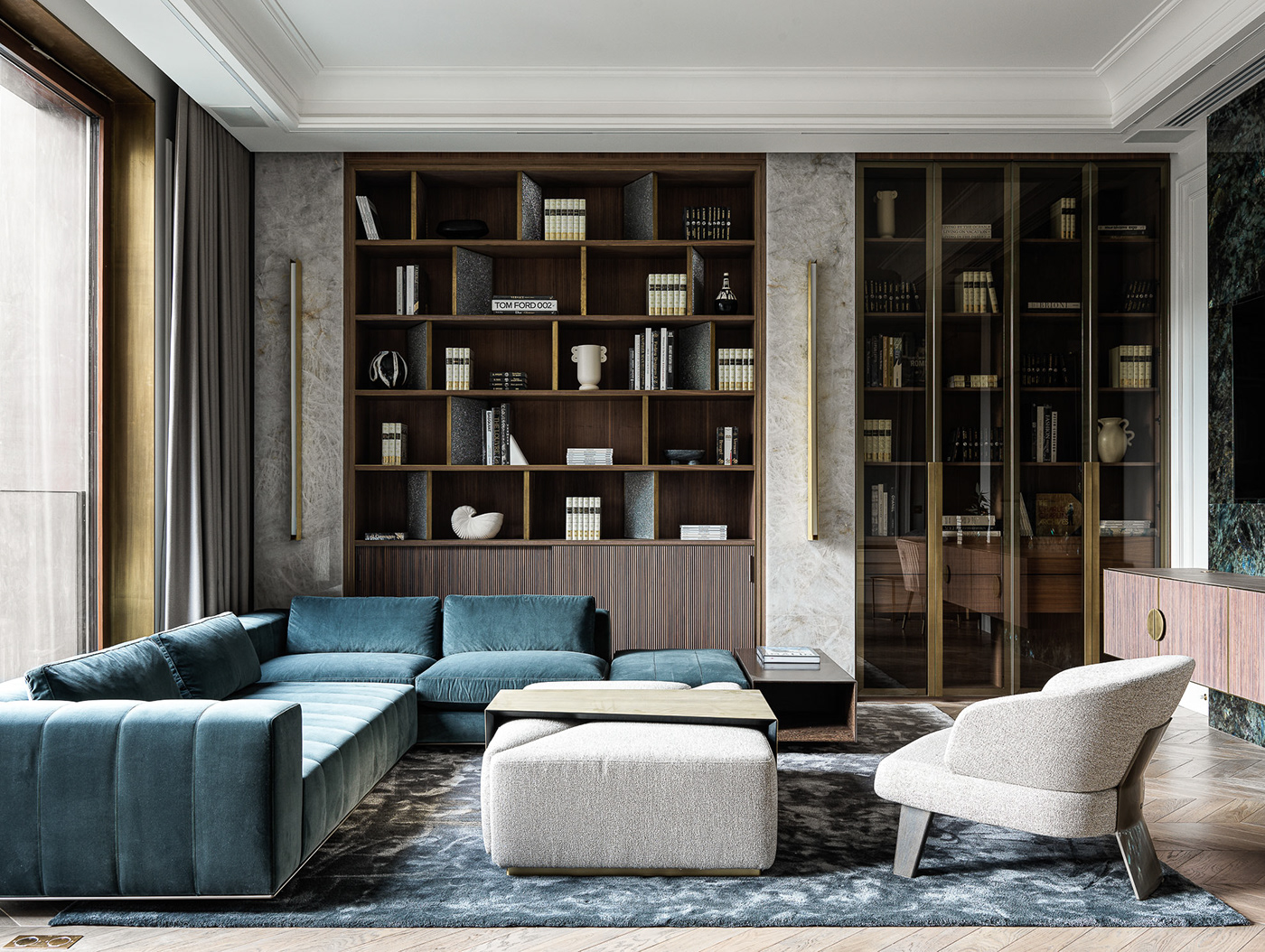 Chic, luxury living area with teal sofa and stylish bookshelves in wood and quartzite stone
