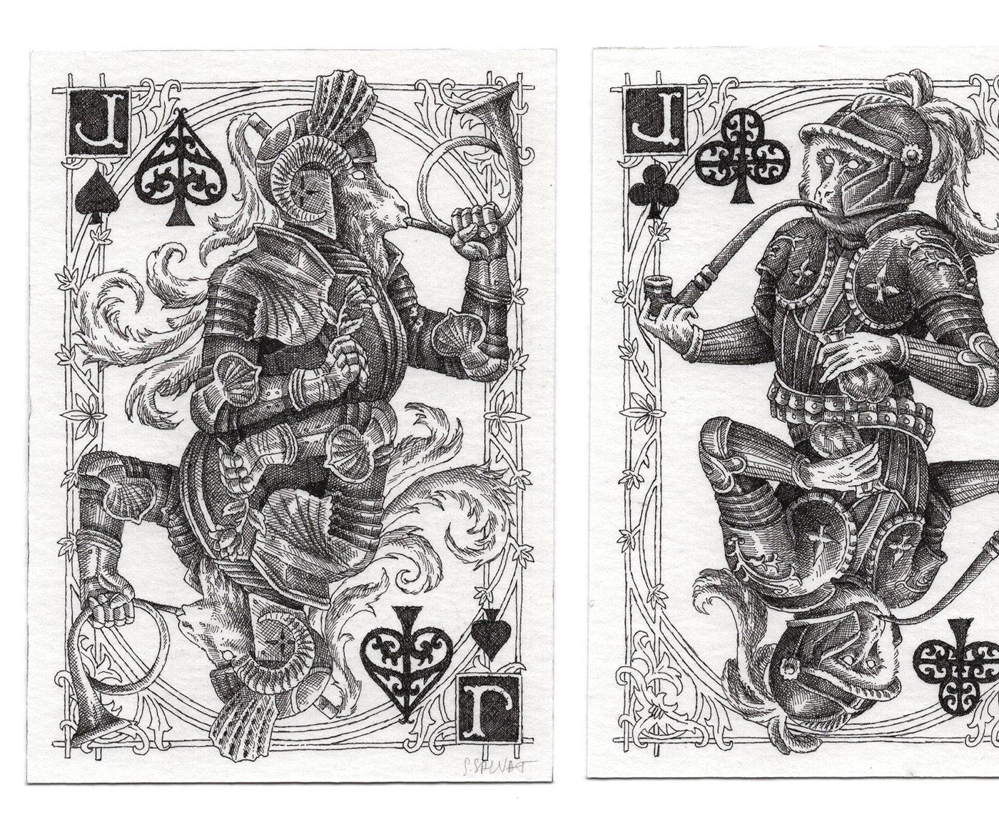 animals cards Drawing  engraving fantasy hatching ink king medieval Playing Cards
