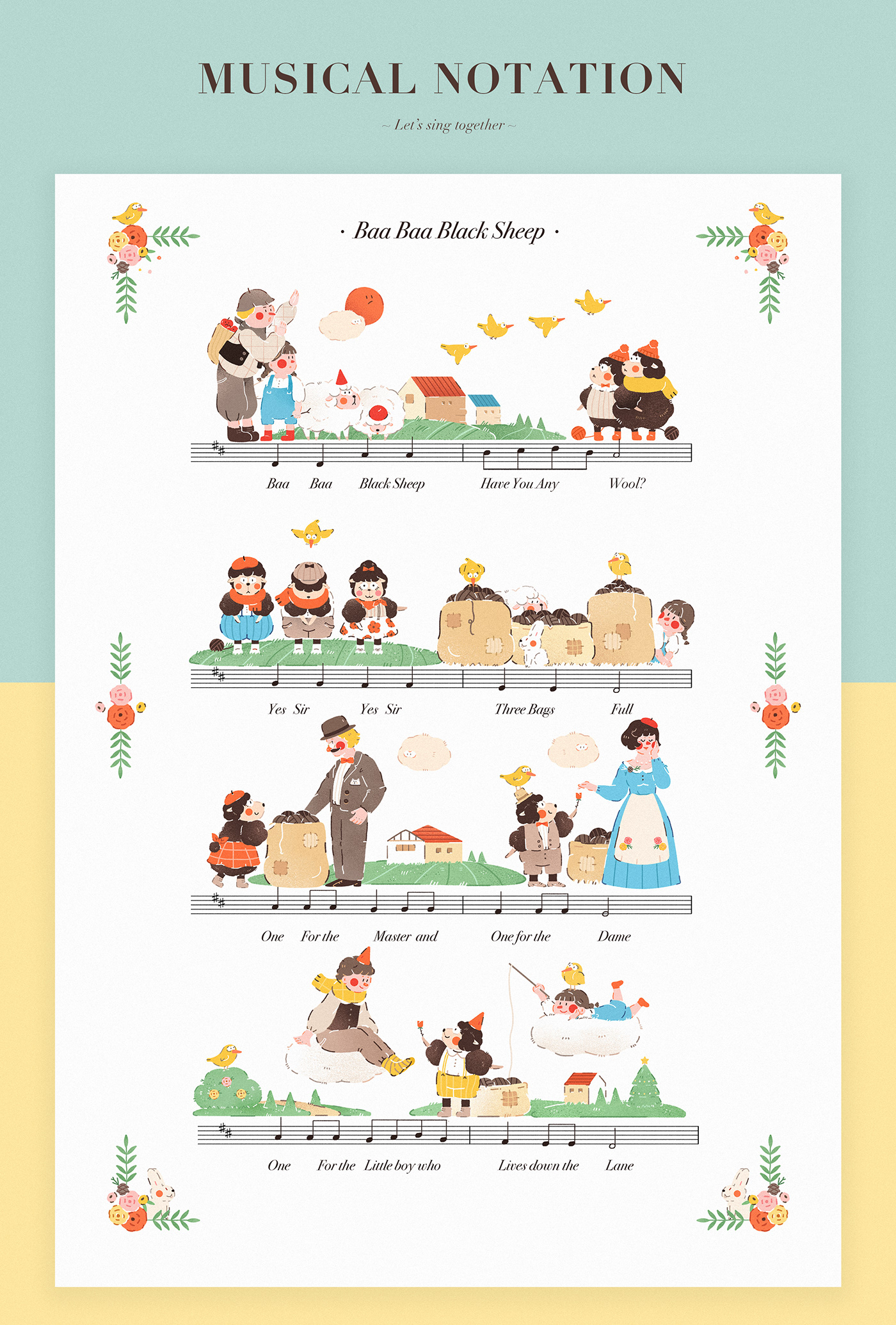 characterdesign fairytale graphic ILLUSTRATION  music notation nurseryrhyme Picture book poster sheep spring