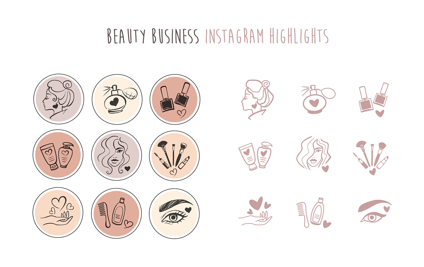 Icon set for the beauty instagram, highlights covers, line art drawings
