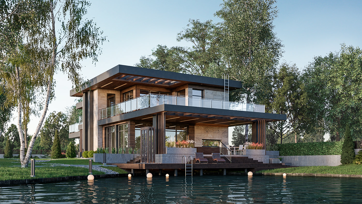 house Lake house architecture Cottage modern house 3d vizualization