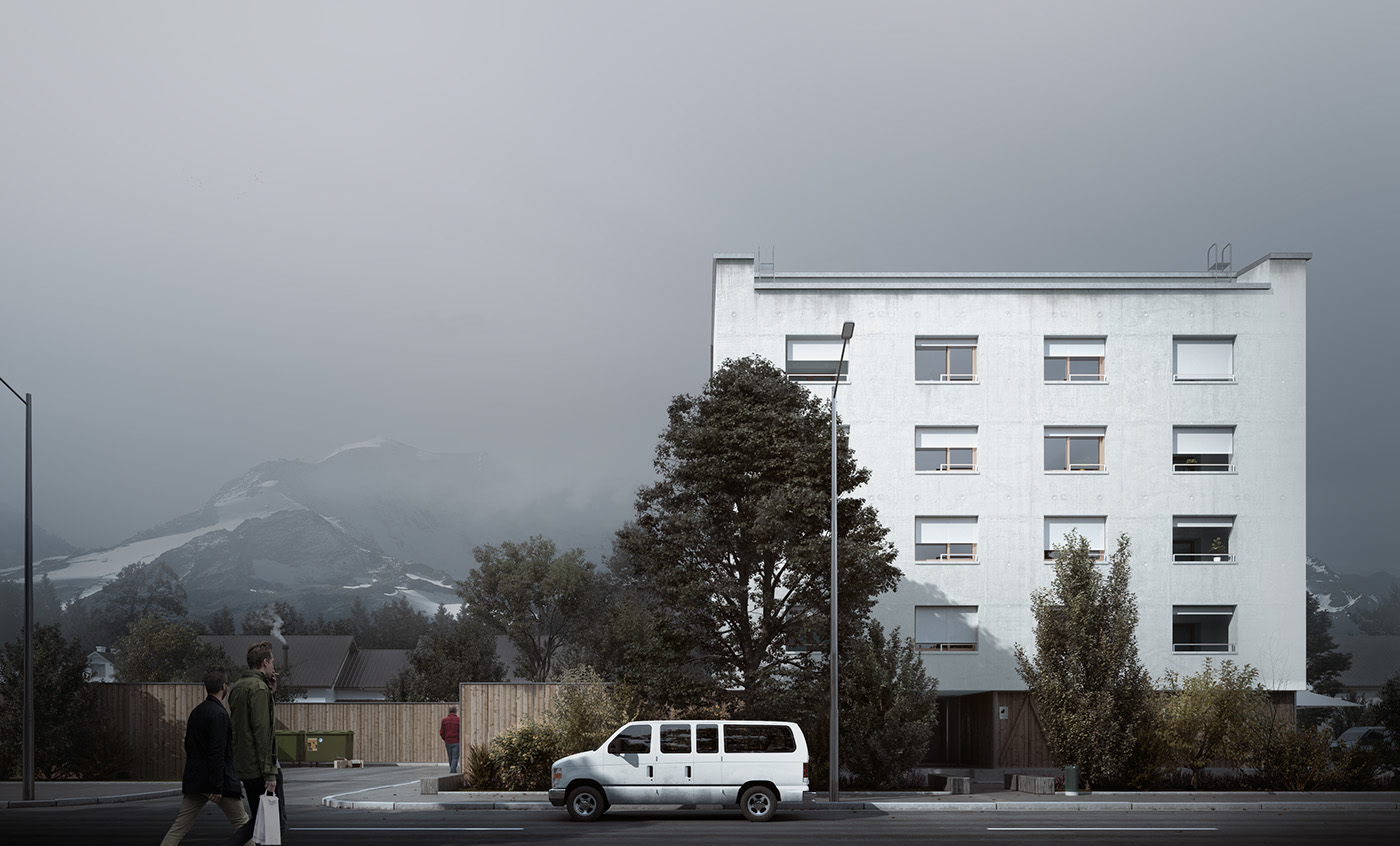 visualization apartment 3dsmax revit Switzerland minimalist overcast Render