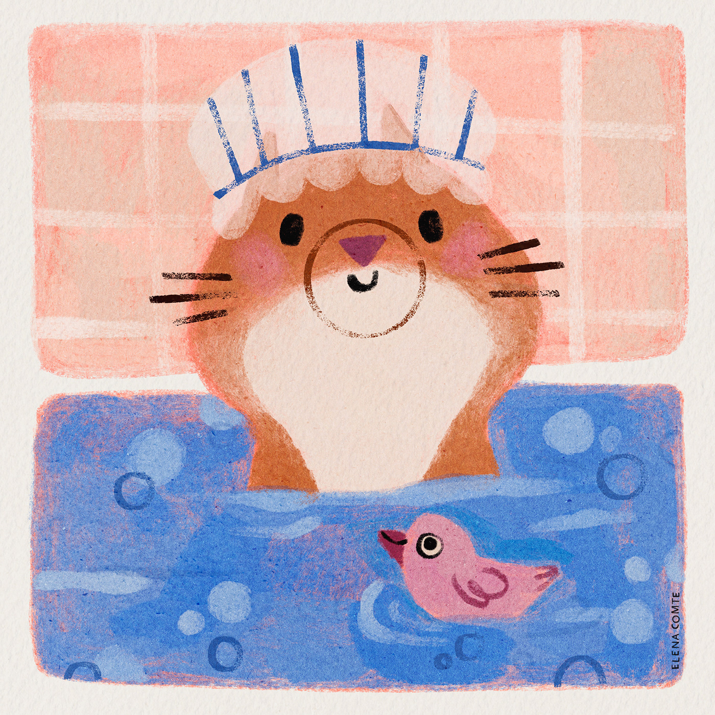 Hand painted illustration of a smiling cat taking his bath with his shower cap.