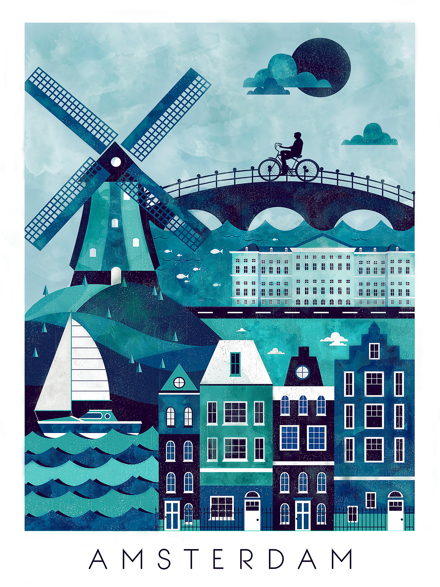 vector art amsterdam travel poster watercolor